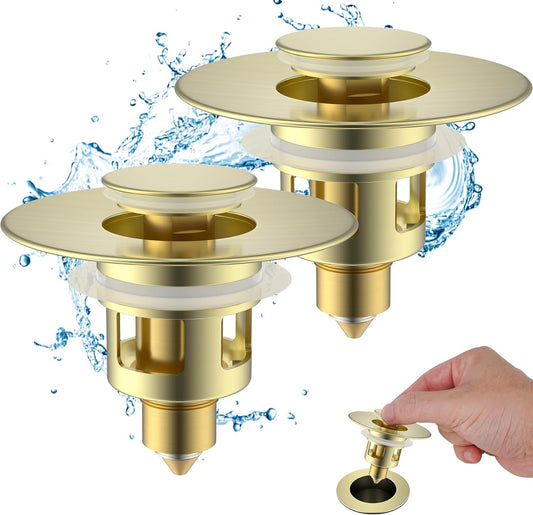 Hibbent 2 Pack All Metal Universal Bathroom Sink Stopper for 1.1''~2.3'' Basin, Pop Up Sink Drain Strainer, Brass Core Push Type Stopper, Stainless Steel Anti Clogging Drain Filter, Brushed Gold
