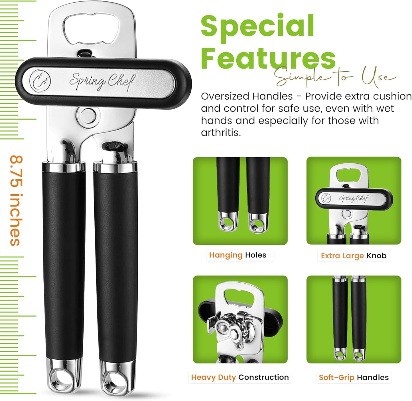 Spring Chef Stainless Steel Can Opener - Manual with Soft Grip Handles, Easy Turn, Heavy Duty Hand Can Openers for Seniors with Smooth Edge - Magnetic Lid Remover - Black