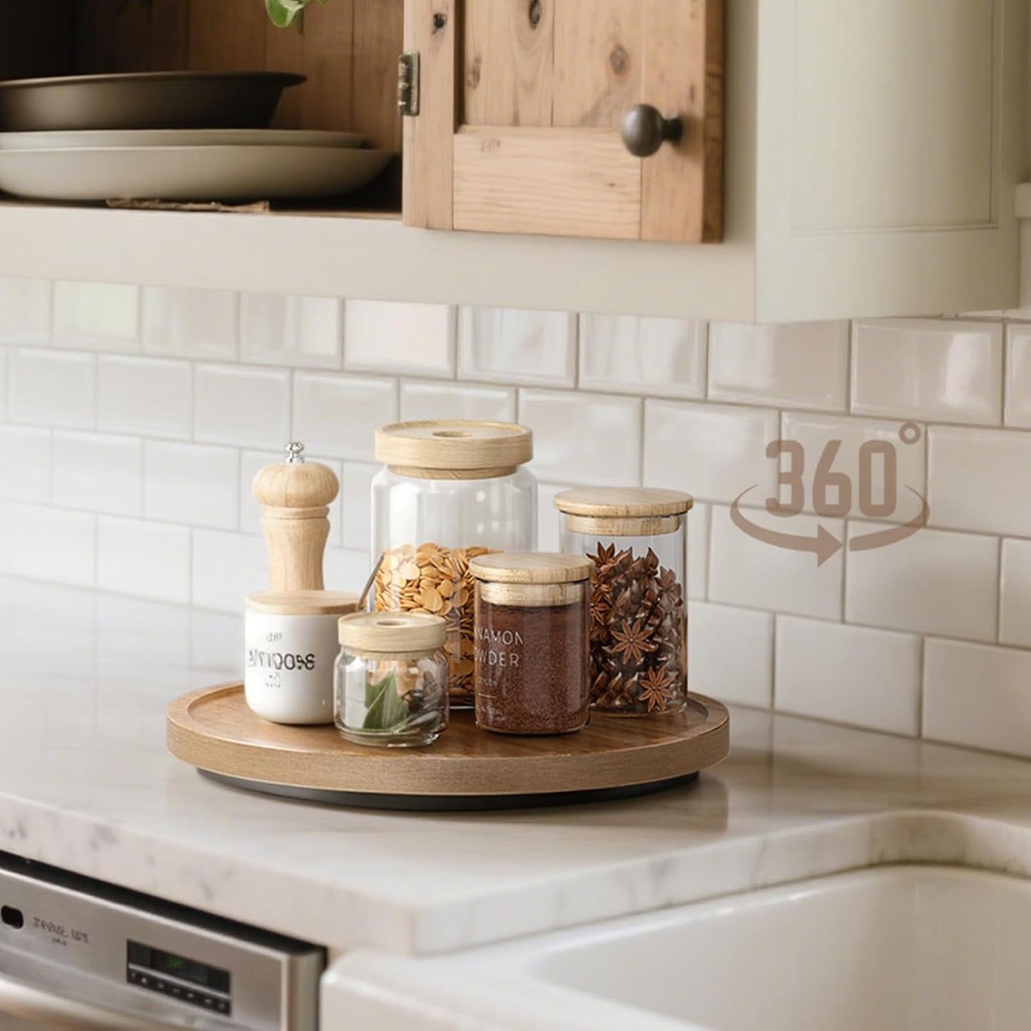 LAMU 12'' Acacia Wood Lazy Susan Organizer for Table Top, Lazy Susan Turntable for Cabinet, Kitchen, Countertop, Pantry Organization