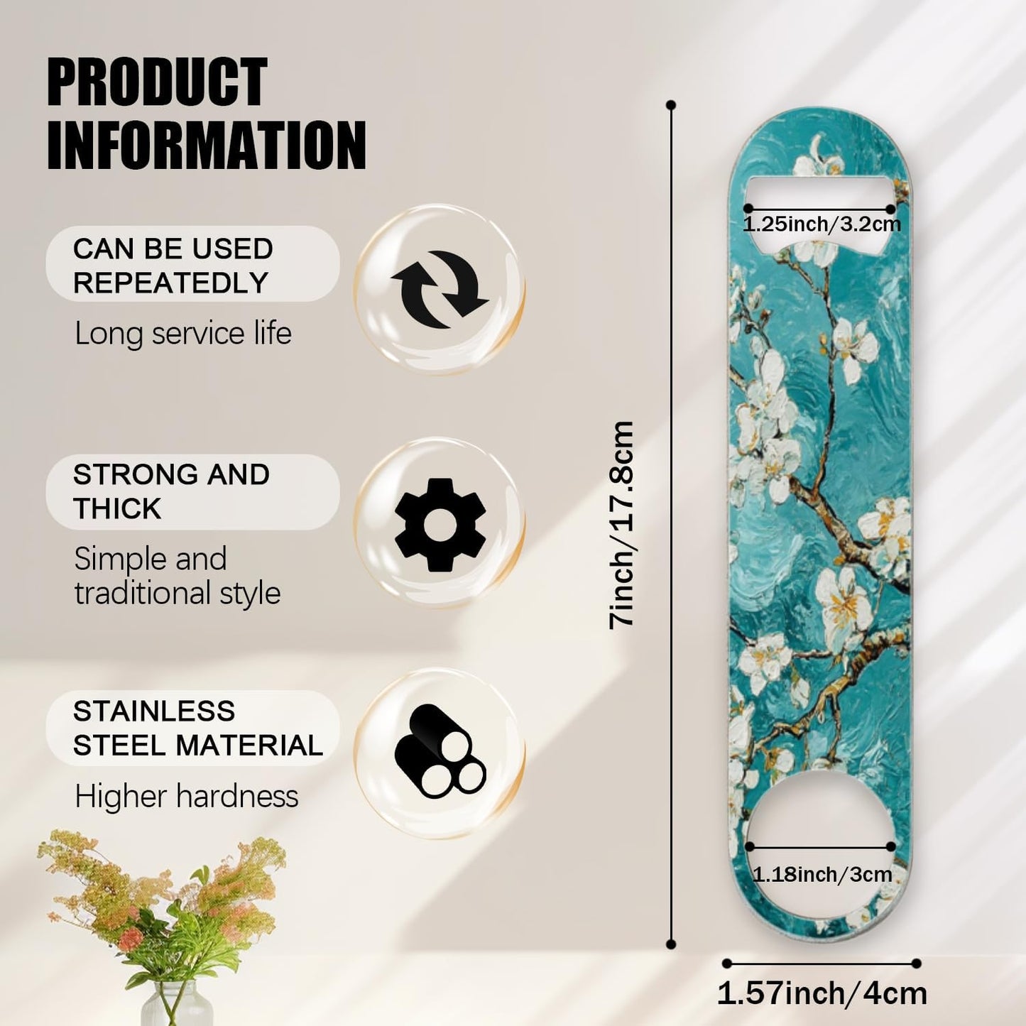 2 PACK Beer Bottle Opener, Stainless Steel Flat Bottle Openers,7 inch Metal Decor,Blue And White Almond Flowers