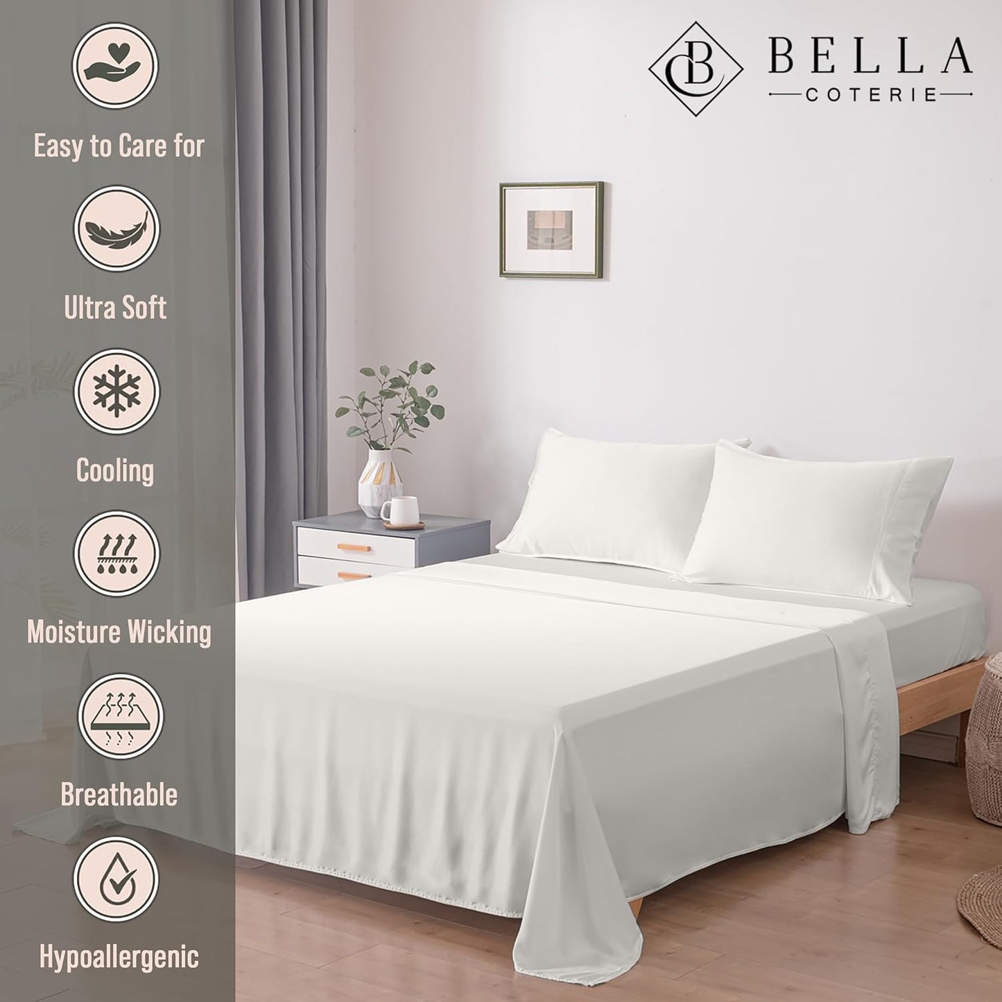 Bella Coterie Luxury Bamboo Viscose Split King Size Sheet Set | 100% Organically Grown | Ultra Soft | Cooling for Hot Sleepers | 18" Deep Pocket [Ivory]