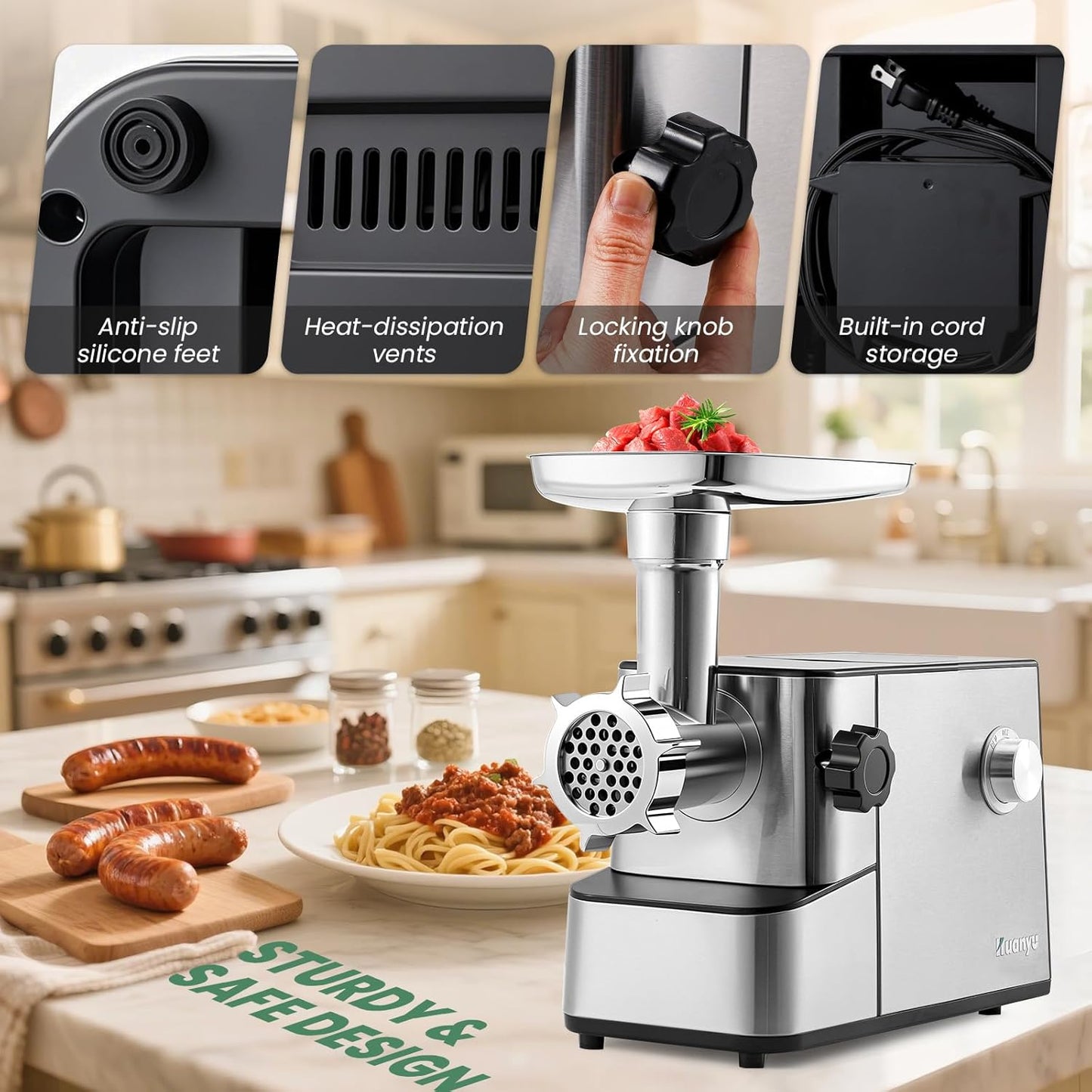 Huanyu Electric Meat Grinder 3200W Max Power, Built-in Storage, Heavy Duty, 2 Blades, 3 Plates, Sausage Tubes and Kubbe Kit #10 Outlet for Home Use