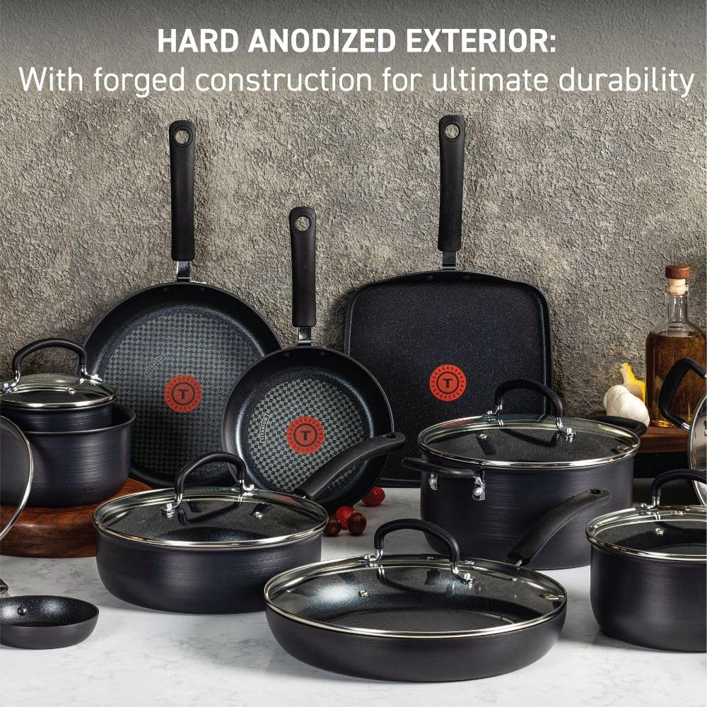 T-Fal Ultimate Hard Anodized Nonstick Cookware Set 17 Piece, Nonstick Pots and Pans Set with Fry Pan, Saucepans, Saute-Pan, Griddle, Dishwasher Safe, Black