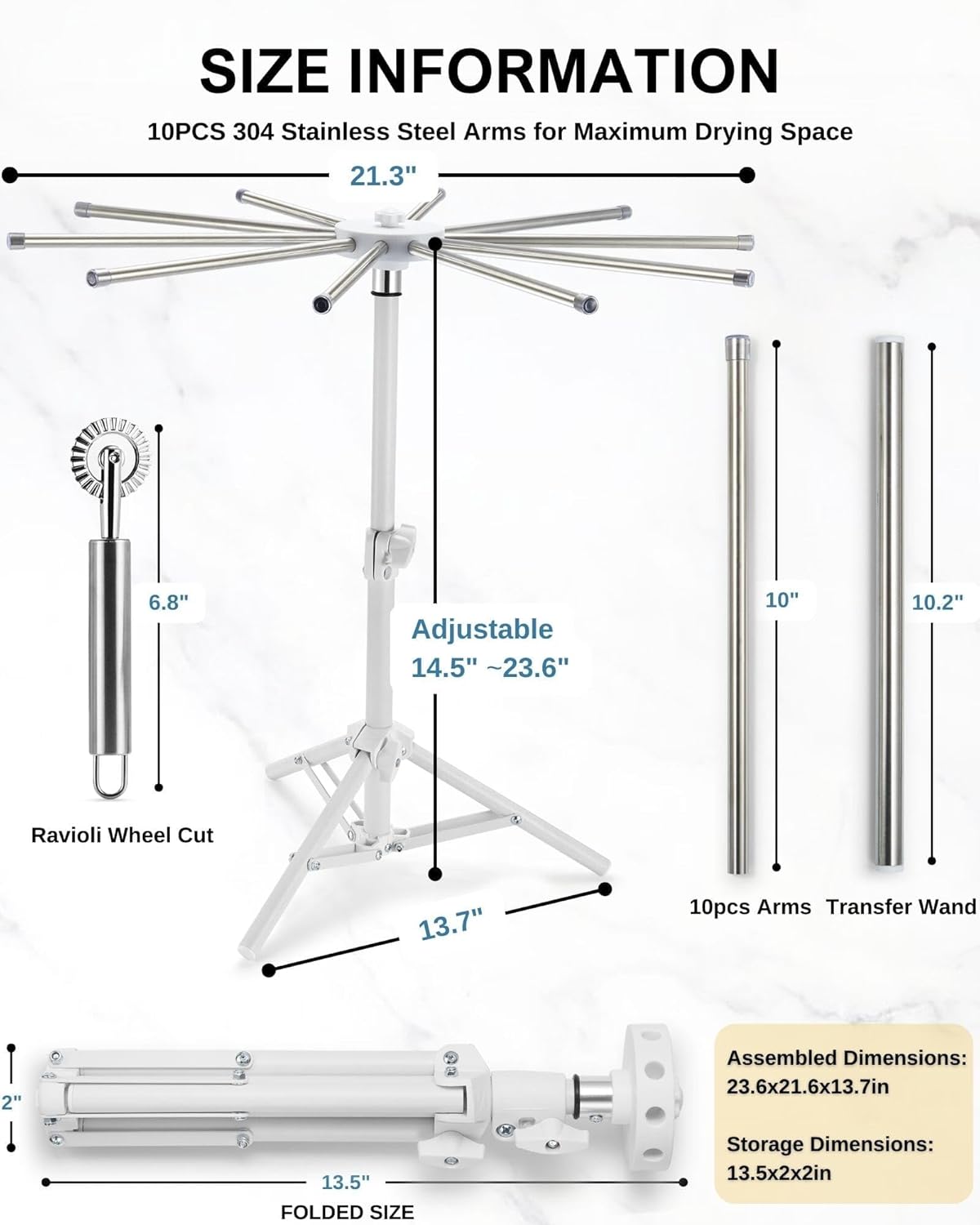 Pasta Drying Rack Collapsible, 360° Rotating, Adjustable Height(14.5"-23.6"), 304 Stainless Steels Arm, Large Noodle Dryer Foldable with Ravioli Wheel for Homemade Fresh Pasta Spaghetti