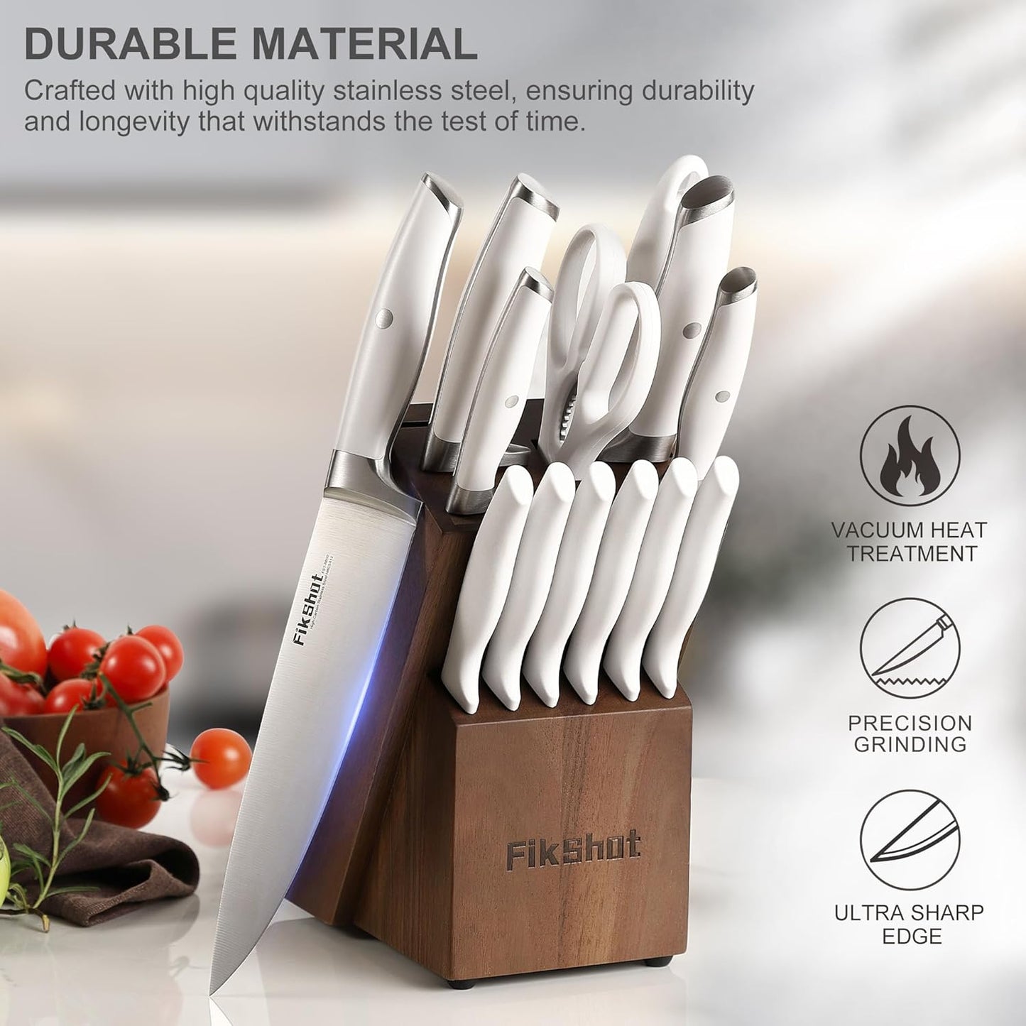 Knives Set for Kitchen, FIKSHOT 14PCS Kitchen Knife Set with Block, High Carbon Stainless Steel Full Tang Knife Sets Razor-Sharp Blade Professional Chef's Knife for Housewarming (WHITE)