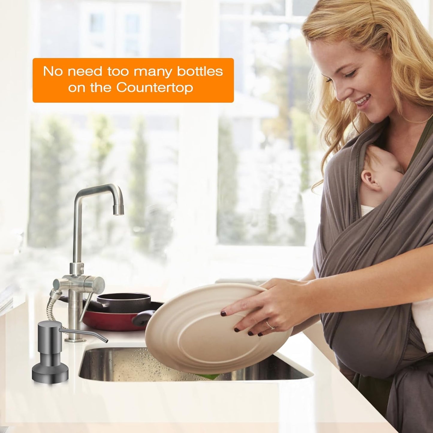 Sink Soap Dispenser for Kitchen Sink, Countertop Built in Sink Soap Dispenser with 47” Extension Tube kit, No Need to Fill The Little Bottle Again (Gray)