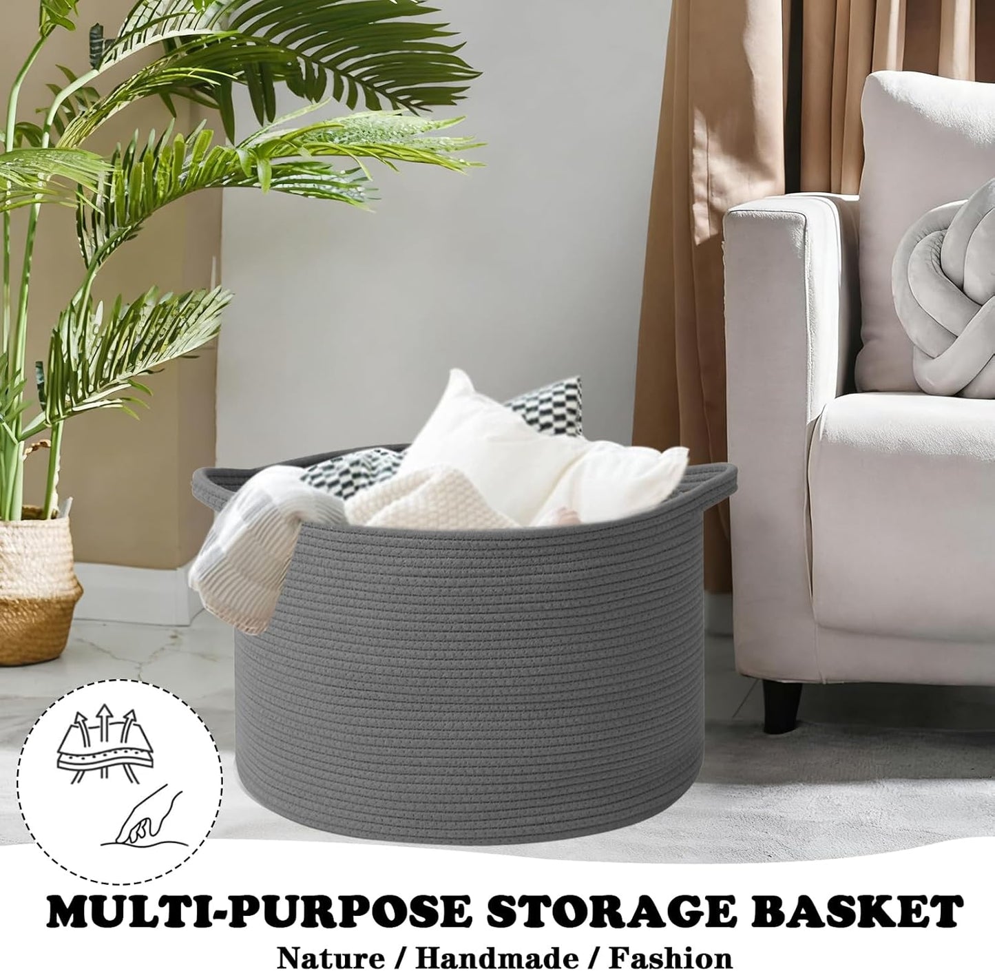 Large Blanket Basket for Organizing,65L Closet Organizers and Storage Bins Box for Shelves Woven Rope Storage Baskets,Living Room,Bedroom,Dorm,Laundry room (Dark Grey)