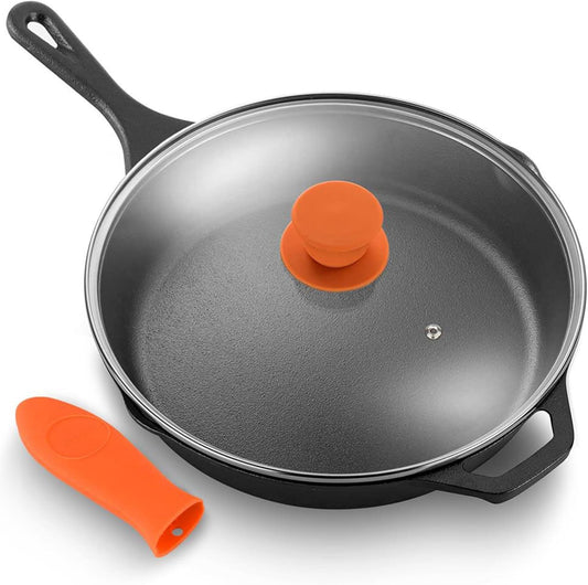 NutriChef 10 Inch Cast Iron Skillet with Lid - Pre-Seasoned Small Fry Pan with Side Drip Spout and Silicone Handle