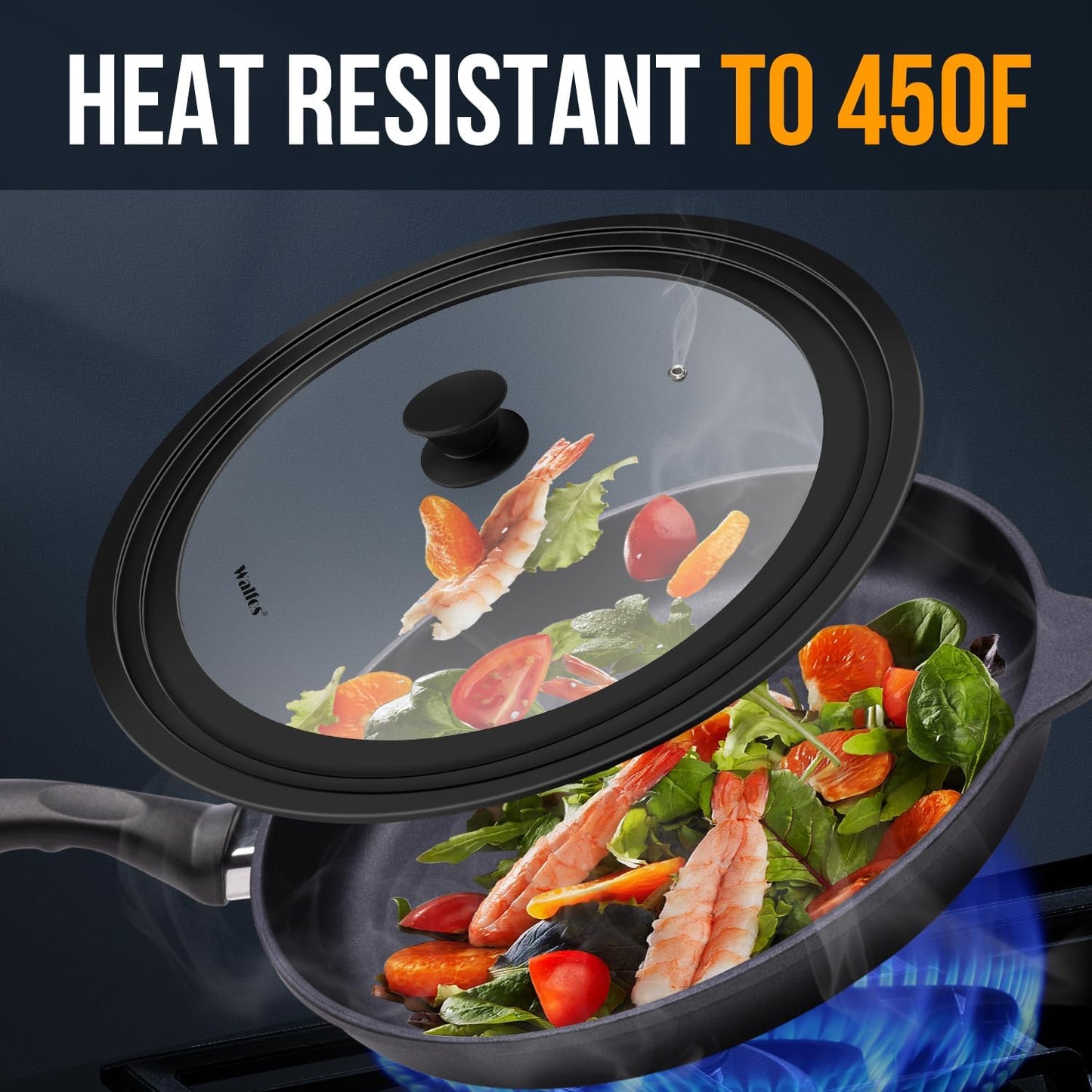 Walfos 2 Pcs Universal Pot Lids, Frying Pan Lid with Heat Resistant Silicone Rim, Fits All 10", 11", 12" to 13", 14", 15" Diameter Cookware, Pots, Pans and Skillets, BPA Free and Dishwasher Safe