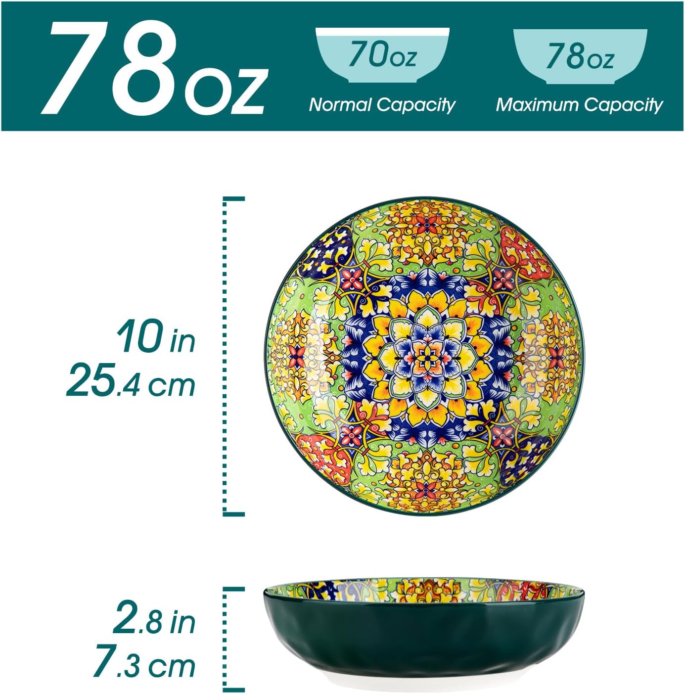 vancasso Large Serving Bowls, 78 Oz Extra Large Salad Bowls Set of 2, Bohemian Decorative Bowls for Salad, Fruit, Pasta and Dinner, Serving Dishes Set for Party, Dishwasher & Microwave Safe－Green