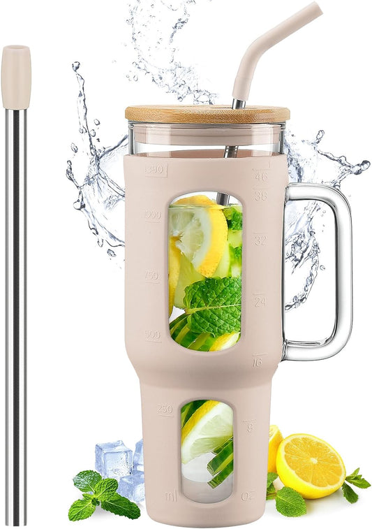 Glass Tumbler with Lid and Straw, 46 oz Iced Coffee Cup with Handle, Glass Water Bottles with Silicone Sleeve, Glass Cup with Straws - Pearl Straw & Drinking Straw BPA Free-Amber