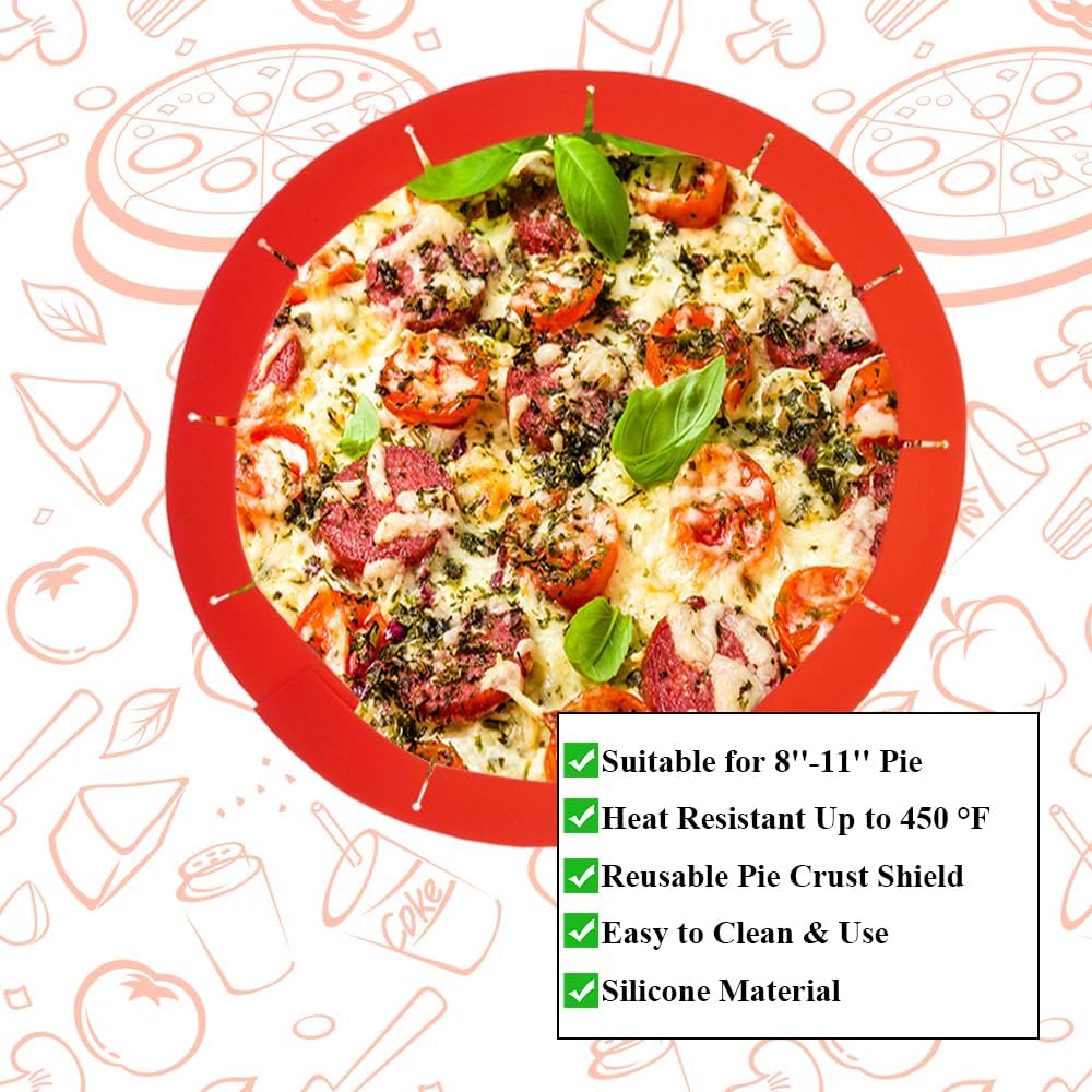 Adjustable Pie Crust Shields, Silicone Baking Protectors, Cover Ring Tools Fits 8-11.4 Inch Pies, Baking Pie Pizza Crust Shield Protector Cover for Edges ﻿ (Red 2 + Transparent 2)