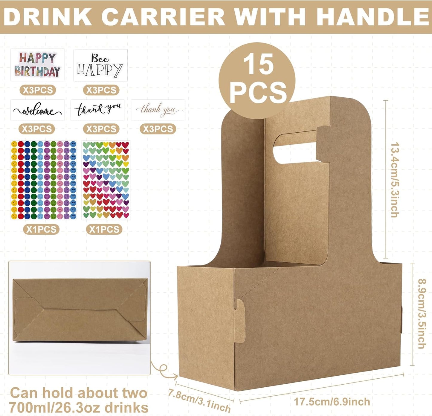15 Pcs 2 Cup Drink Carrier with Handle, Assemblable Kraft Cardboard Cup Holders with 15 Pcs Happy Birthday Stickers, Disposable Drink Carrier for Drinks Coffee Take Out Cup Carriers Brown