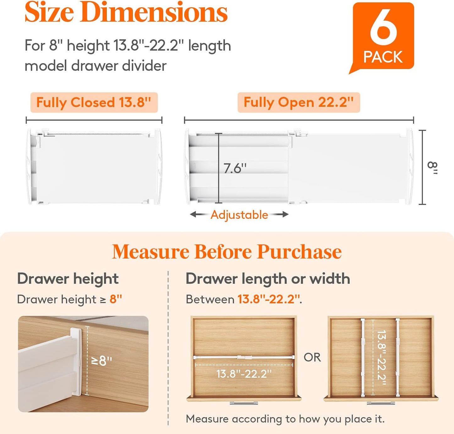 Lifewit 6 Pack Deep Drawer Dividers 8" High, 13.8-22.5" Adjustable Dresser Drawer Divider, Plastic Drawer Organizer for Clothes, Tall Drawers Separators for Dresser, Kitchen, Bedroom, Bathroom, Office