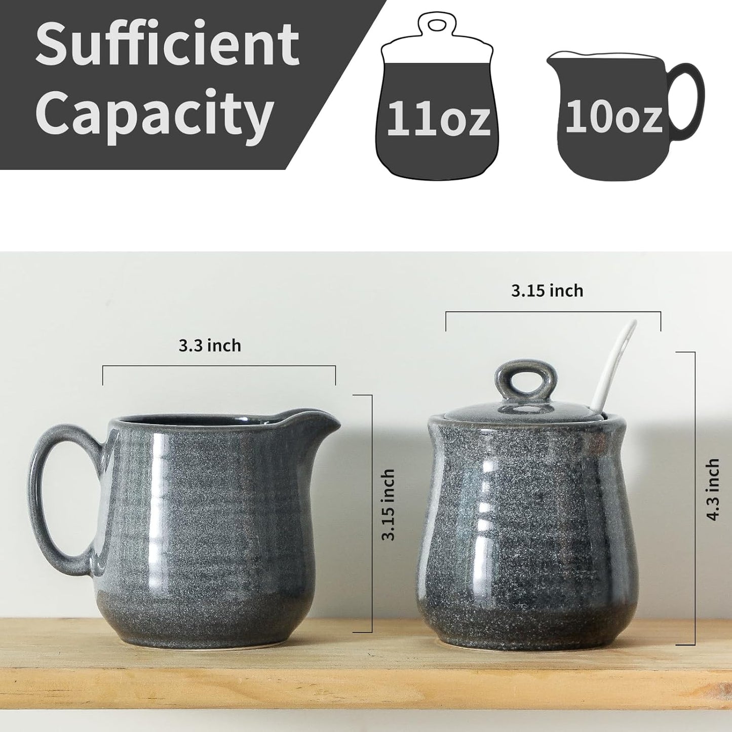 Hasense Porcelain Sugar and Creamer Set, 11 Oz Sugar Bowl with Lid and Spoon and 10 Oz Cream Pitcher, Farmhouse Coffee Sets for Serving, Dishwasher Safe, Grey