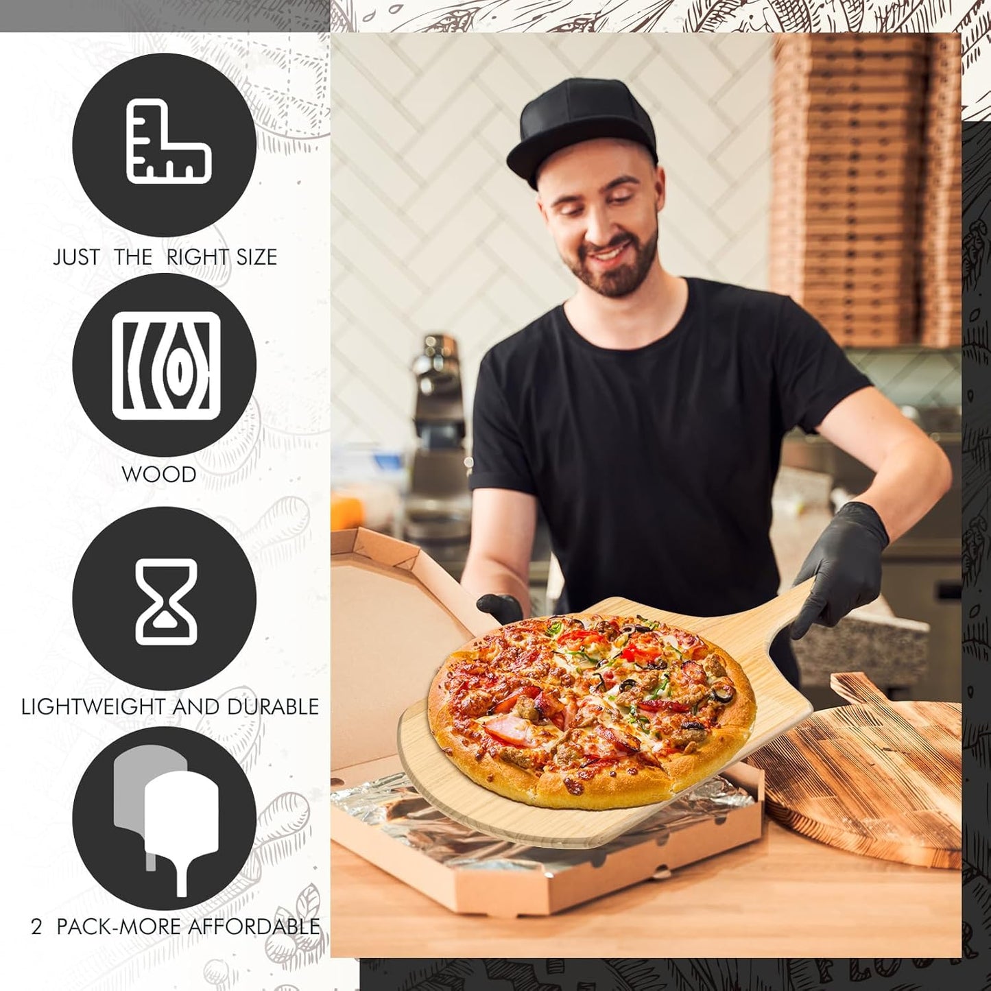 2 Pack Wooden Pizza Peel, 16 x 14 Inch Large Pizza Paddle Set with 8 Inch Wooden Handle for Oven, Stone, Pan or Grill, Spatula for Baking Bread and Cake - Indoor & Outdoor