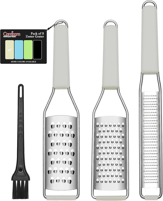 Cambom Lemon Zester Grater Three-piece Suit - Heavy Duty Kitchen Tool for Parmesan Cheese, Ginger, Garlic, Nutmeg, Chocolate, Vegetables，Fruits，Stainless Steel Grater Dishwasher Safe Clear