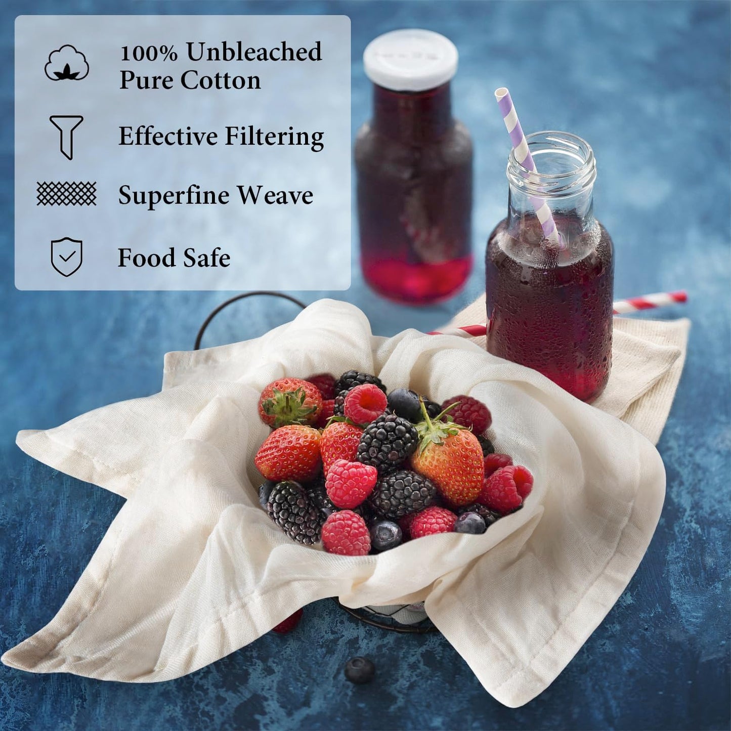 eFond Cheese Cloths | 3-Pack, 20x20Inch Squares with Hemmed Edges | Grade 100 Ultra Fine Reusable Cheesecloth for Straining | Unbleached Cotton Muslin Cloths | For Nut Milk, Butter, Baking & Cooking