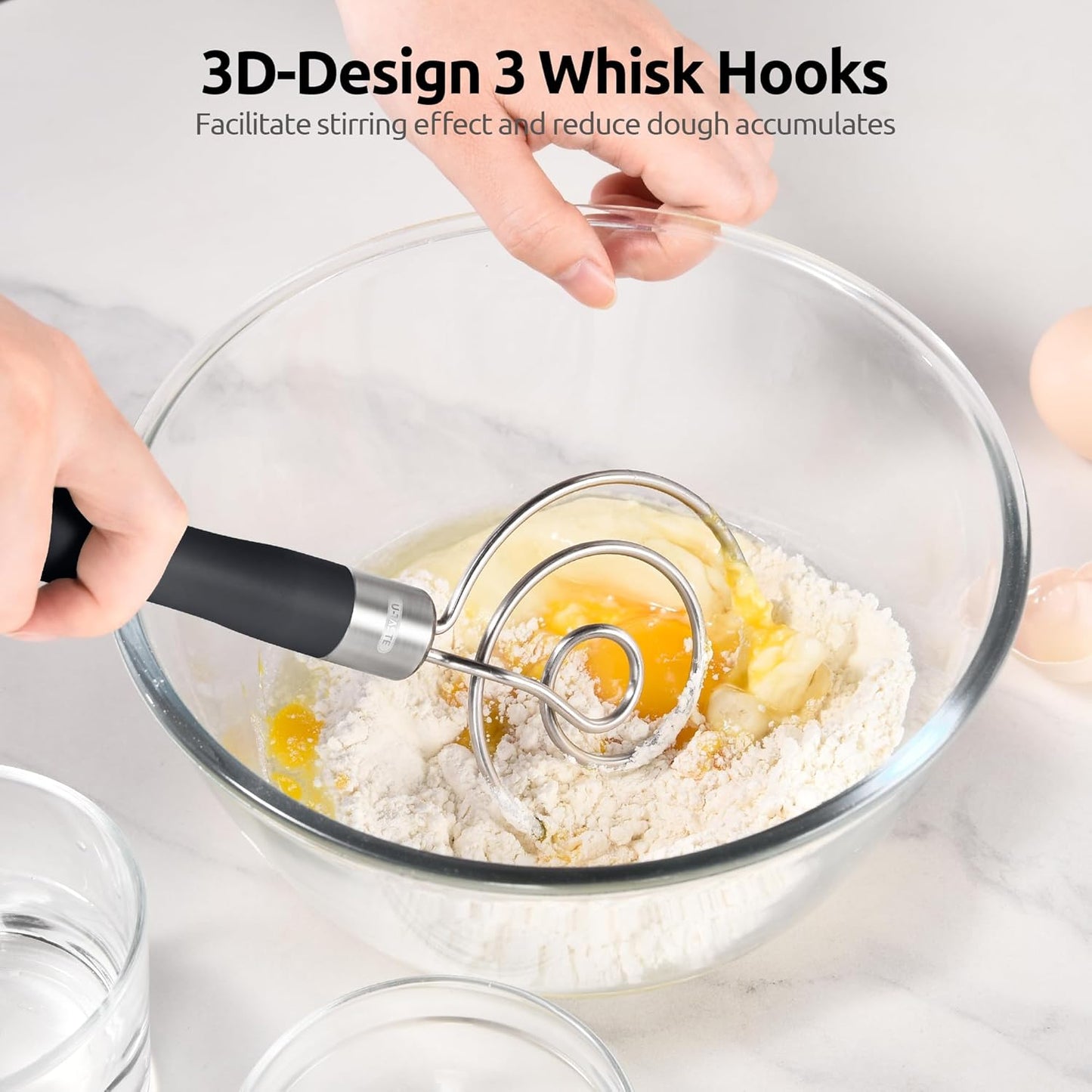 U-Taste 12.6" Danish Dough Whisk: 18/8 Stainless Steel Heavy-Duty Sourdough Mixer Tool, Food Grade Dutch Style Seamless Bread Wisk, Sturdy for Mixing, Stirring, Pressing, Kneading Thick Batter (Black)
