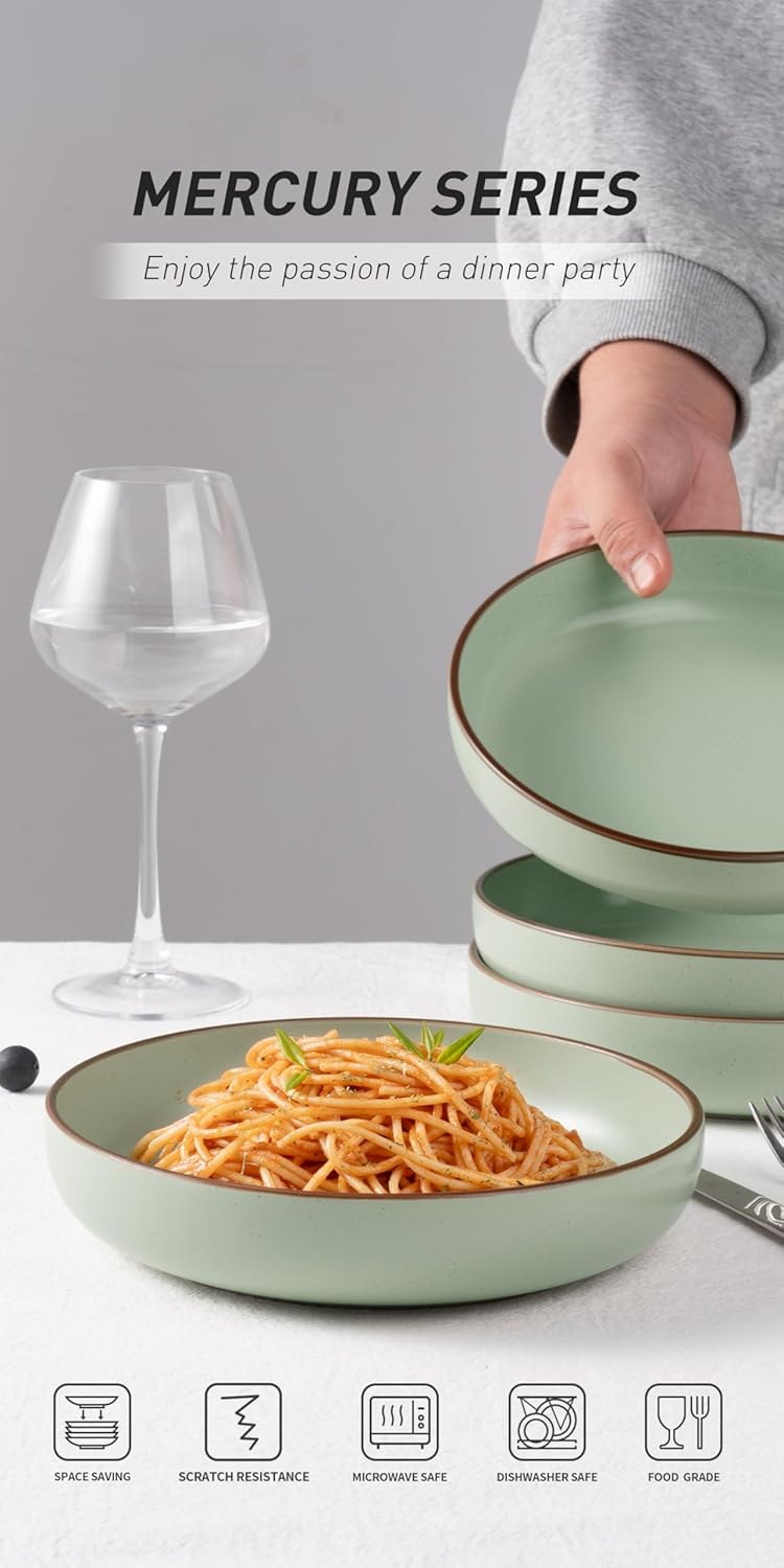 famiware Mercury Pasta Bowls Set of 4, 33 oz Large Salad Bowls, Stoneware Pasta Plates Bowls, Serving Bowls for Kitchen, Microwave & Dishwasher Safe, Light Green