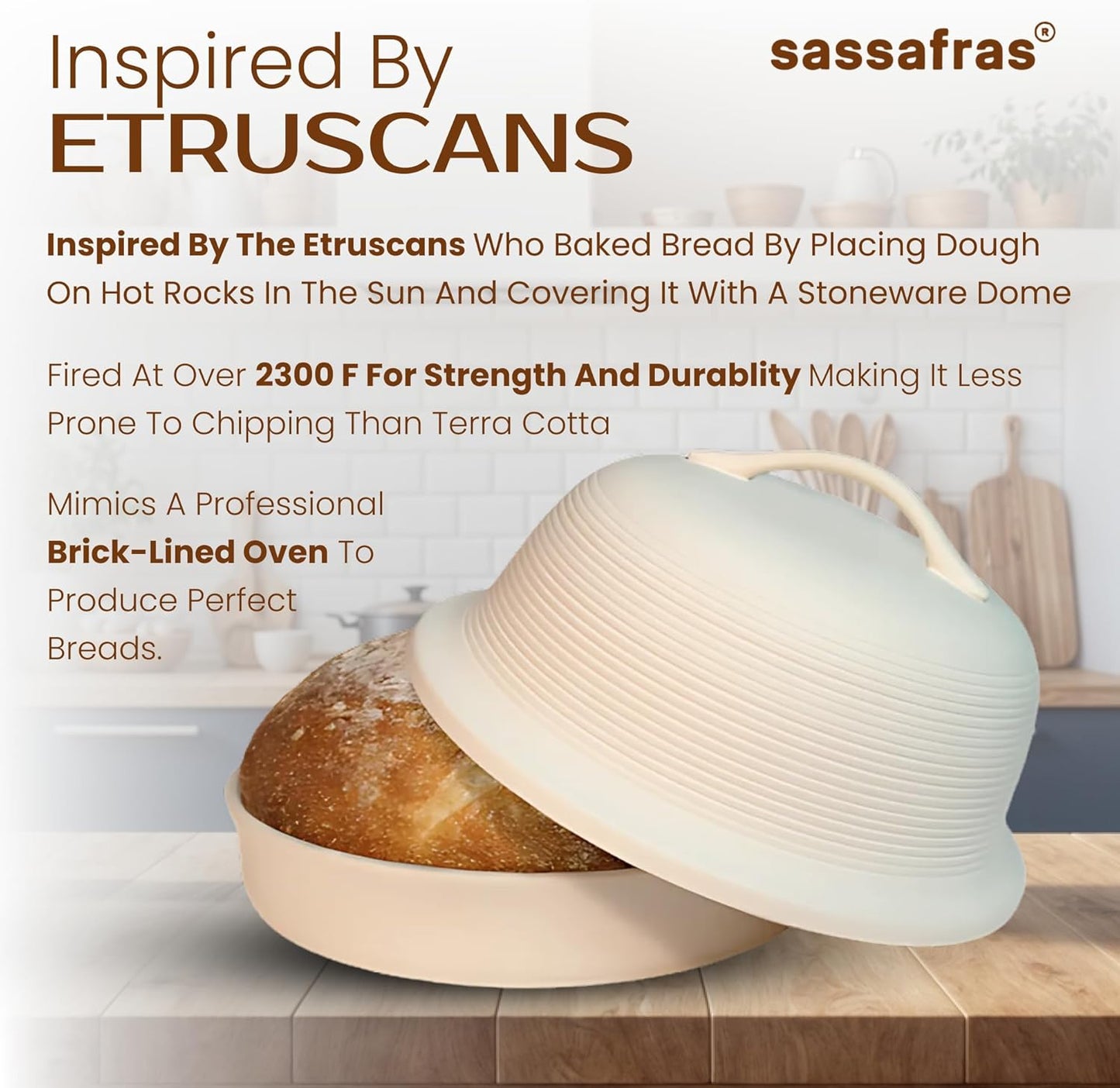 Sassafras Superstone Stoneware La Cloche Bread Baker, Unglazed, Baking Stone for Bread, Capacity 5QT 12”D x7”H with handle, Withstands Temperature 500-2100 Fahrenheit