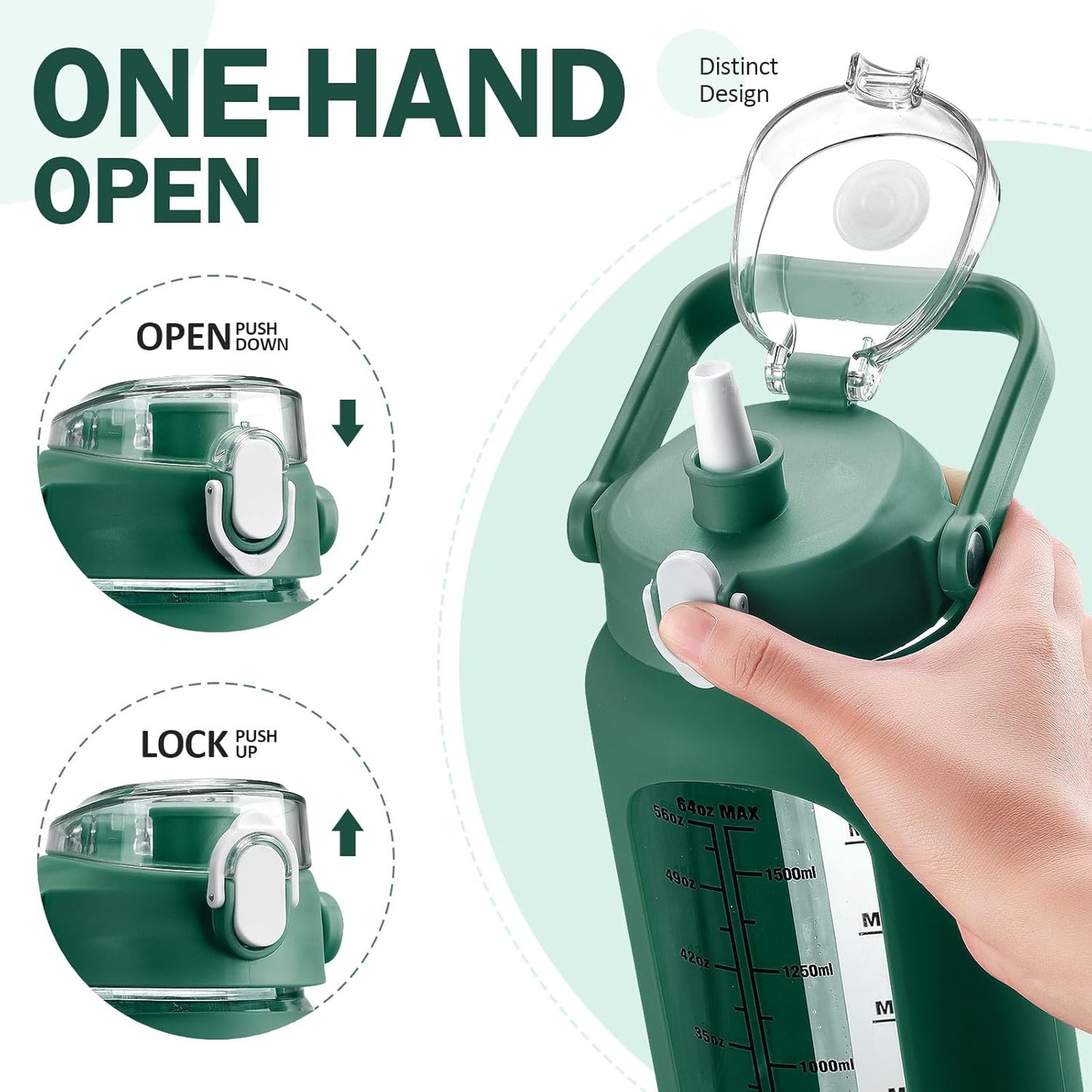 kytffu 64oz Glass Water Bottles with Straw, Half Gallon Motivational Glass Bottle with Silicone Sleeve and Time Marker, 2L Leakproof Large Glass Water Jug for Gym Home Office, Ink Green