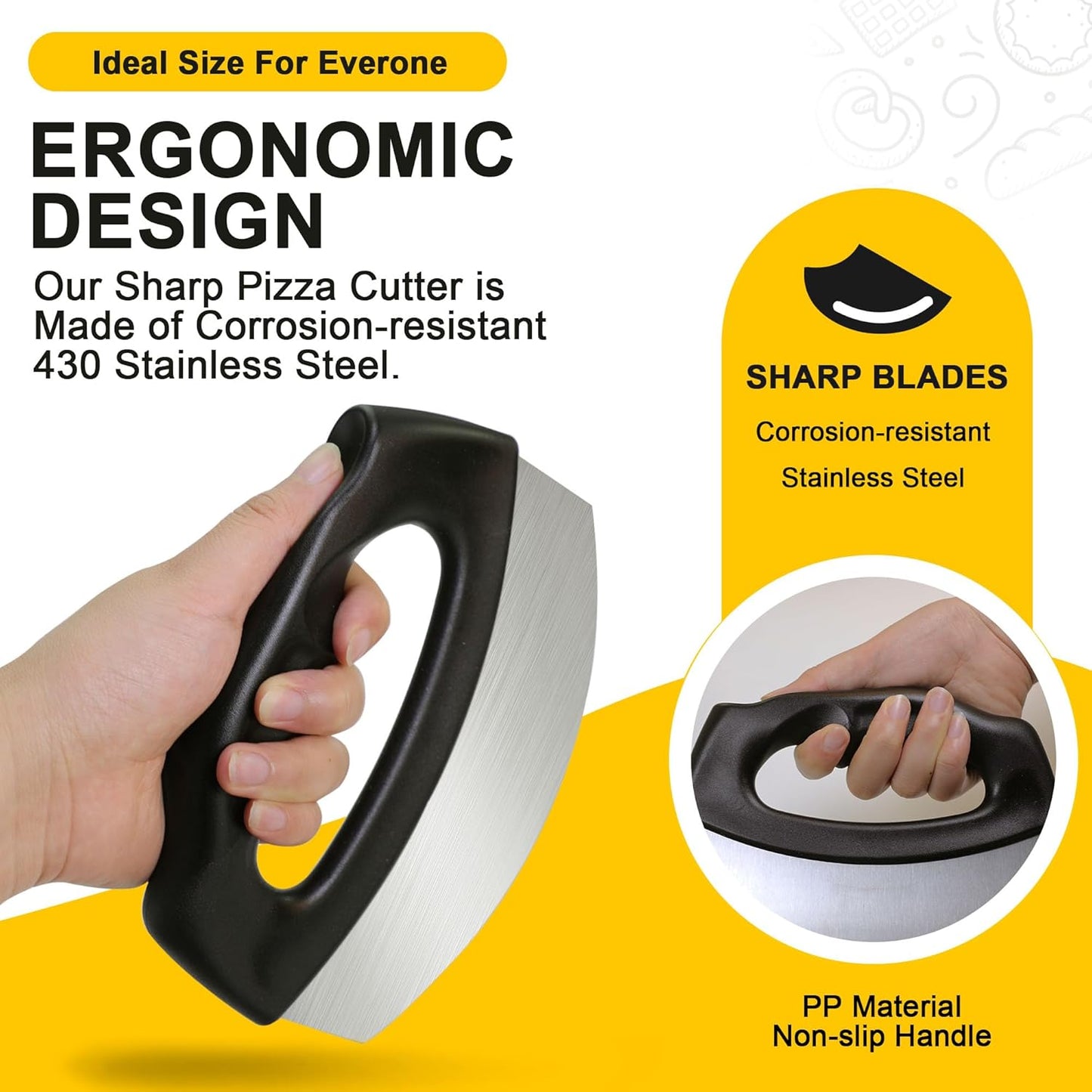 XoYoZo Pizza Cutter Salad Chopper Large Stainless Steel Blade with Cover, Dough Rocker Mezzaluna Knife for Kitchen Gadgets