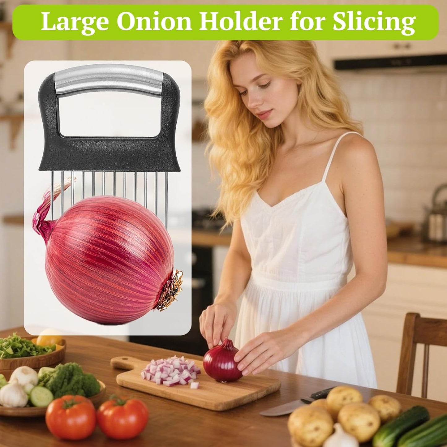 Suuker Onion Holder for Slicing, Large Onion Cutter Vegetable Chopper, Stainless Steel Tomato Slicer for Potato Lemon, Kitchen Food Slicer Guide for Neat Slicing, Meat Tenderizer Tool