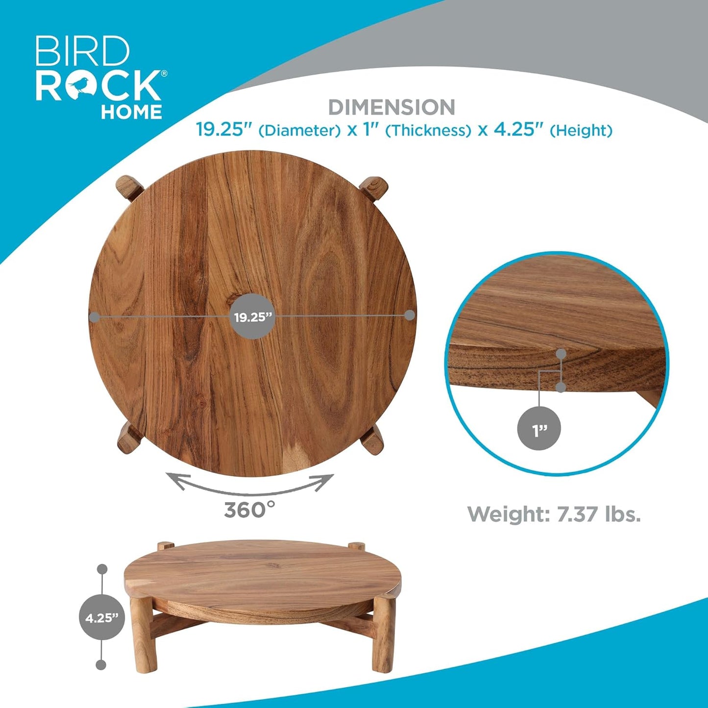 BIRDROCK HOME Elevated Lazy Susan | Rotating Acacia Wood Platter with Raised Legs | Ideal for Serving, Organizing, and Decor | Smooth 360° Rotation (Natural, Medium)