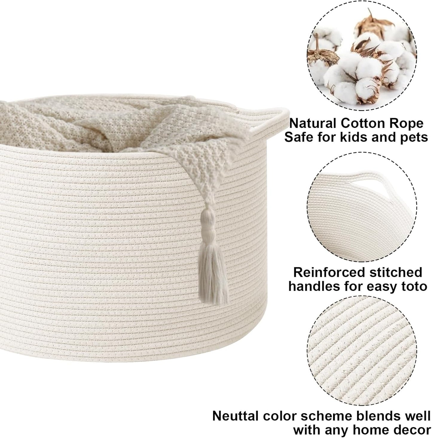 Large Blanket Basket for Organizing,65L Closet Organizers and Storage Bins Box for Shelves Woven Rope Storage Baskets,Living Room,Bedroom,Dorm,Laundry room (White)