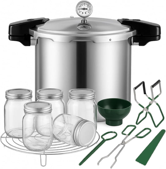 24qt Pressure Cooker with 6 Mason Jars, 6 Canning Supplies with Pressure Panner Stainless Steel Steam Rack Gauge for Canning, Silver