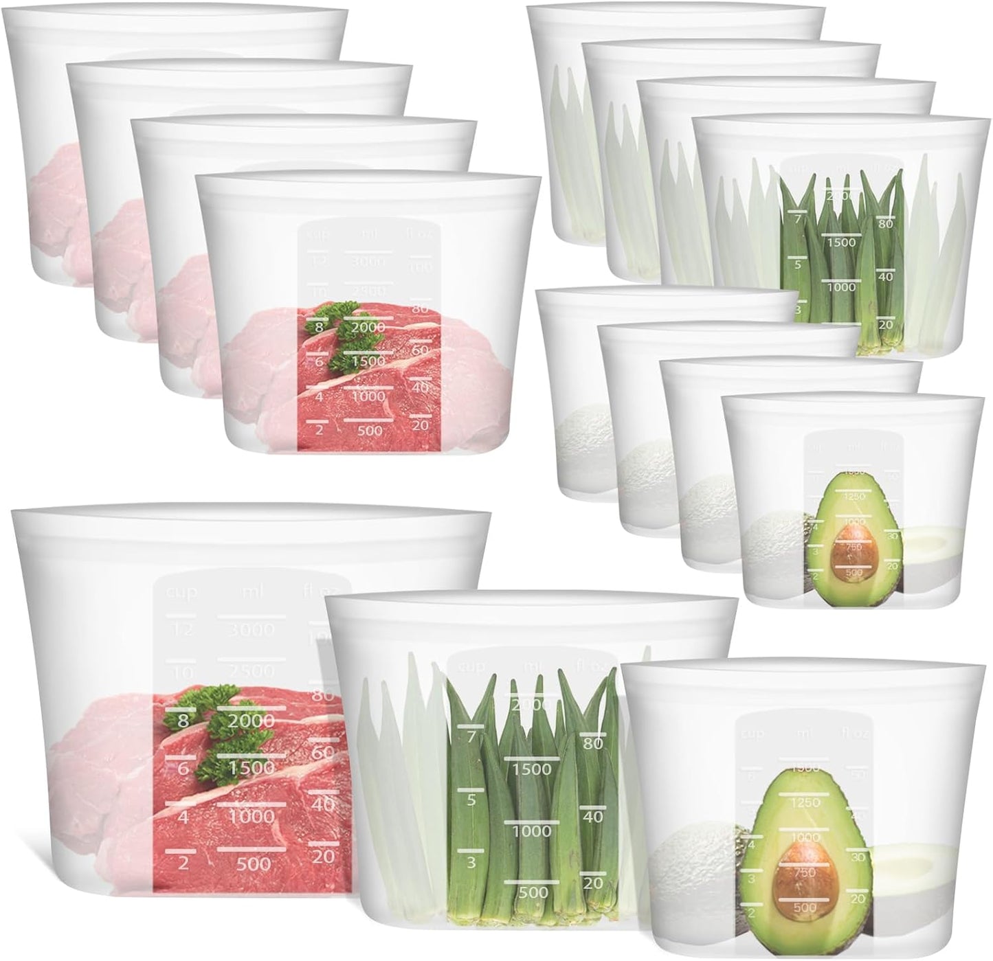 Reusable Storage Bags, Large-Size Set, 12 Pack 100% Silicone Food Storage Bags Stand Up Zip Lock Bags for Food, Freezer Microwave Oven Dishwasher Safe, 4 XL-0.8 Gallon + 4 L + 4 M, Translucent