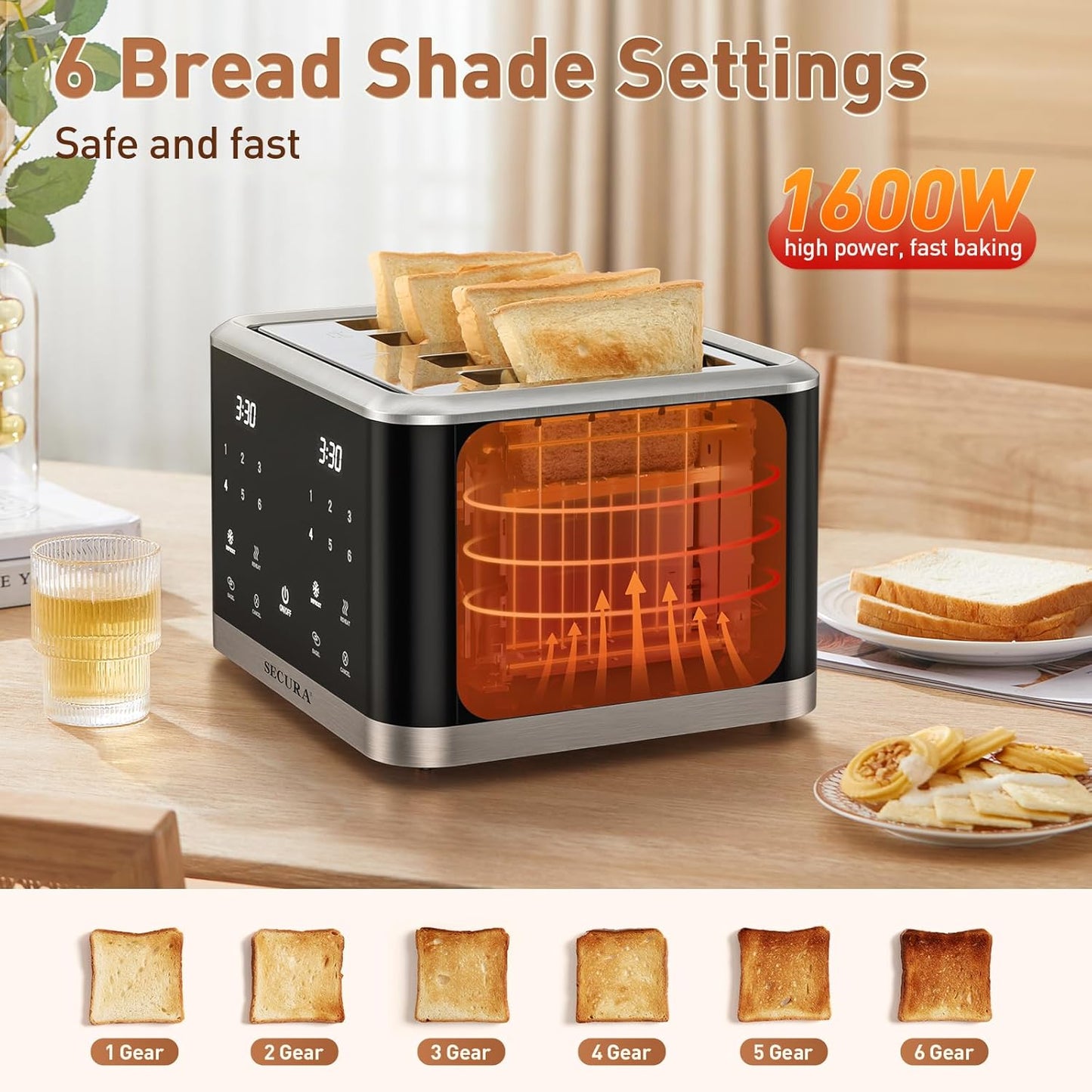 Secura 4-Slice Touchscreen Toaster – Digital Countdown, Dual Control Panels for Personalized Toasting