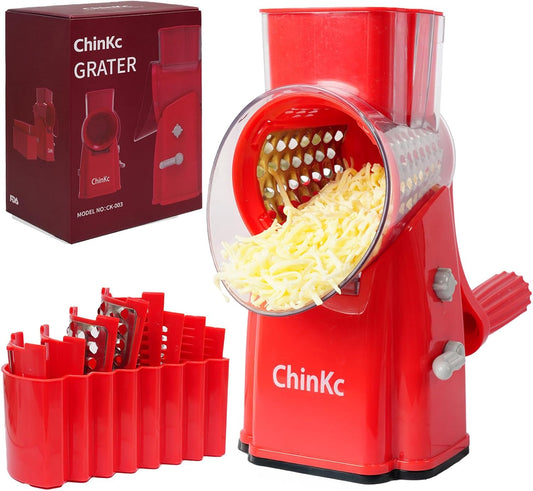 Rotary Cheese Grater Shredder - Upgraded 5 in 1 Cheese Grater with Handle and Strong Suction Base, Multi-purpose Julienne Slicer Ice Shaver Nuts Grinder for Ice, Vegetables, Fruit, Nuts