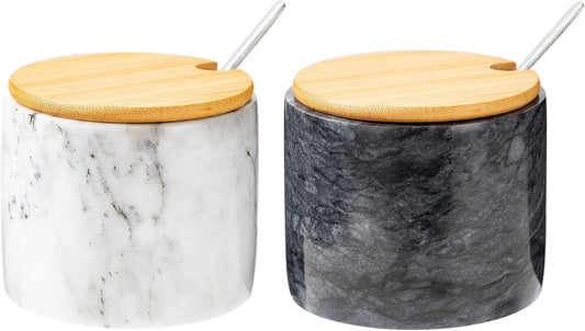 Marble Salt Cellar Set, 2 PCS 11oz Salt and Pepper bowls, Handcrafted from Natural Marble Gift for Mothers Day(White & Black Set)