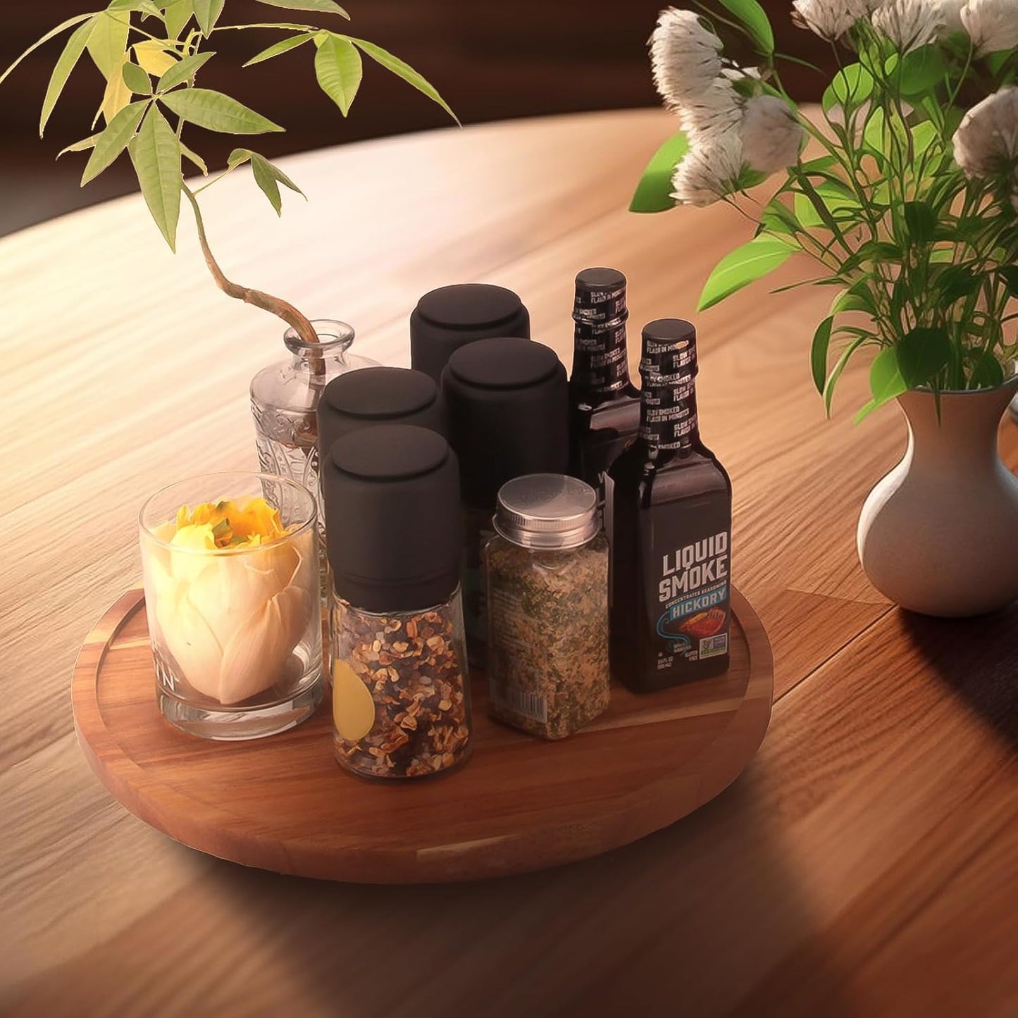 14 inch Wooden Lazy Susan Turntable, Acacia Wood Spinning Organizer for Dining Table, Cabinet, Fridge, countertop, Pantry