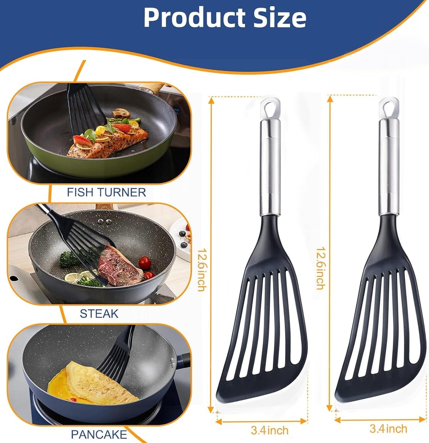 KSENDALO Fish Spatula for Nonstick Pans 2-Pack - Thin Turner for Eggs & Fish | LFGB Nylon, 10,000+ Reviews | Dishwasher Safe