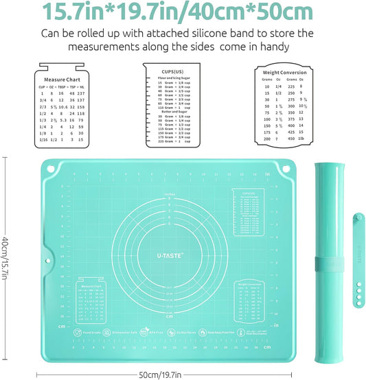 U-Taste Liquid Silicone Pastry Mat: 16"x20" Food-Grade Non-Stick Dough Rolling Baking Sheet, Non Slip for Kneading, Making Pizza, Fondant, Pie Crust with Clear Measurement and Raised Edges (Aqua Sky)