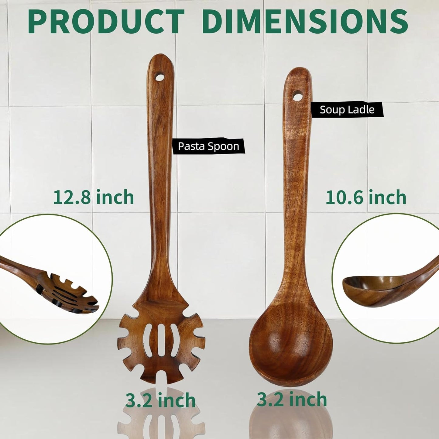 Wooden Spoons for Cooking, 2PCS Natural Teak Wooden Utensils, NonStick Kitchen Utensils Set for Stirring,Serving Spaghetti, Soup, Sauce (Ladle & Pasta Fork)
