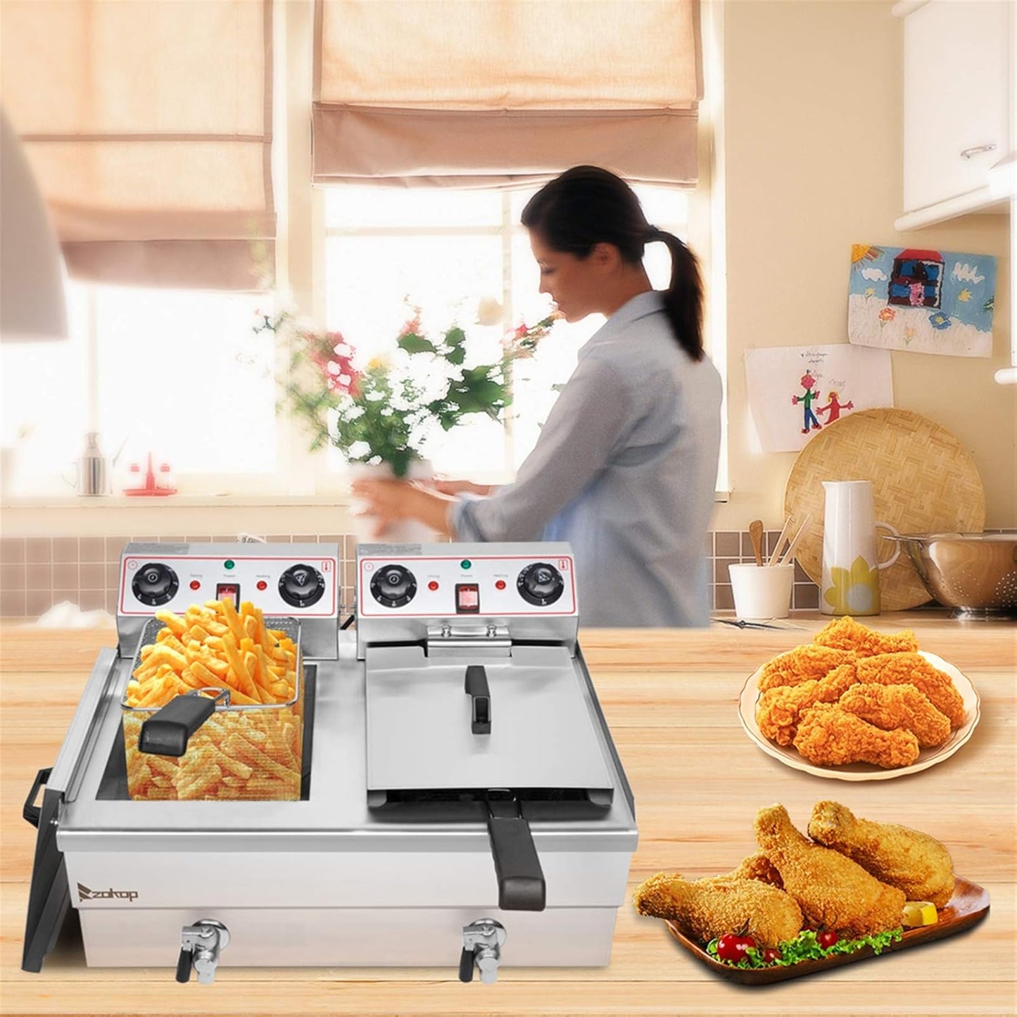 25QT/23.6L Commercial Deep Fryer with Basket and Lid, 3400W Electric Fryer with Adjustable Temperature & Timer, Stainless Steel Countertop Oil Fryer for French Fries, Onion Rings, Donuts