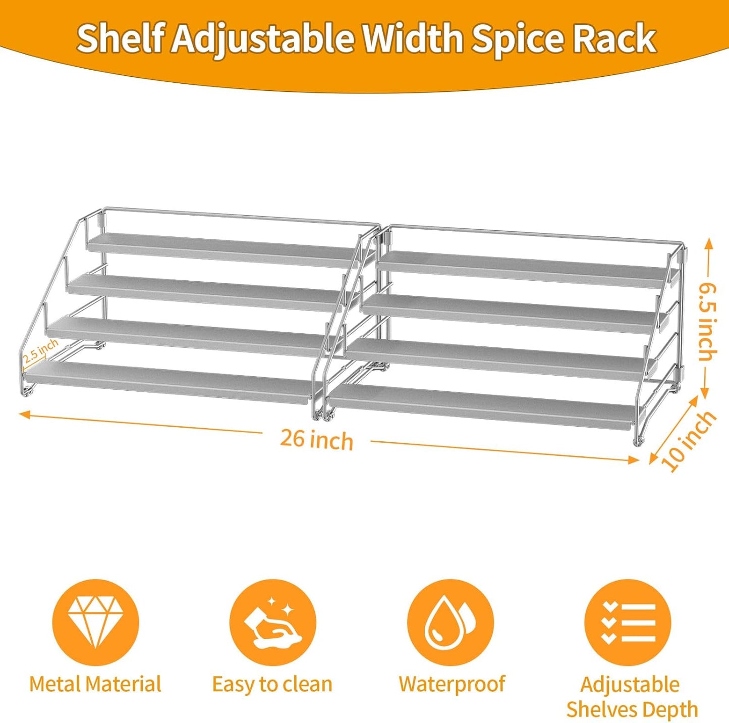 4 Tier Spice Rack Organizer for Cabinet, Spice Rack Organizer, Depth Adjustable Spice Organizer for Cabinet, Countertop, Cupboard, Pantry, Seasoning Shelf, Metal, Gray (2 Pack)