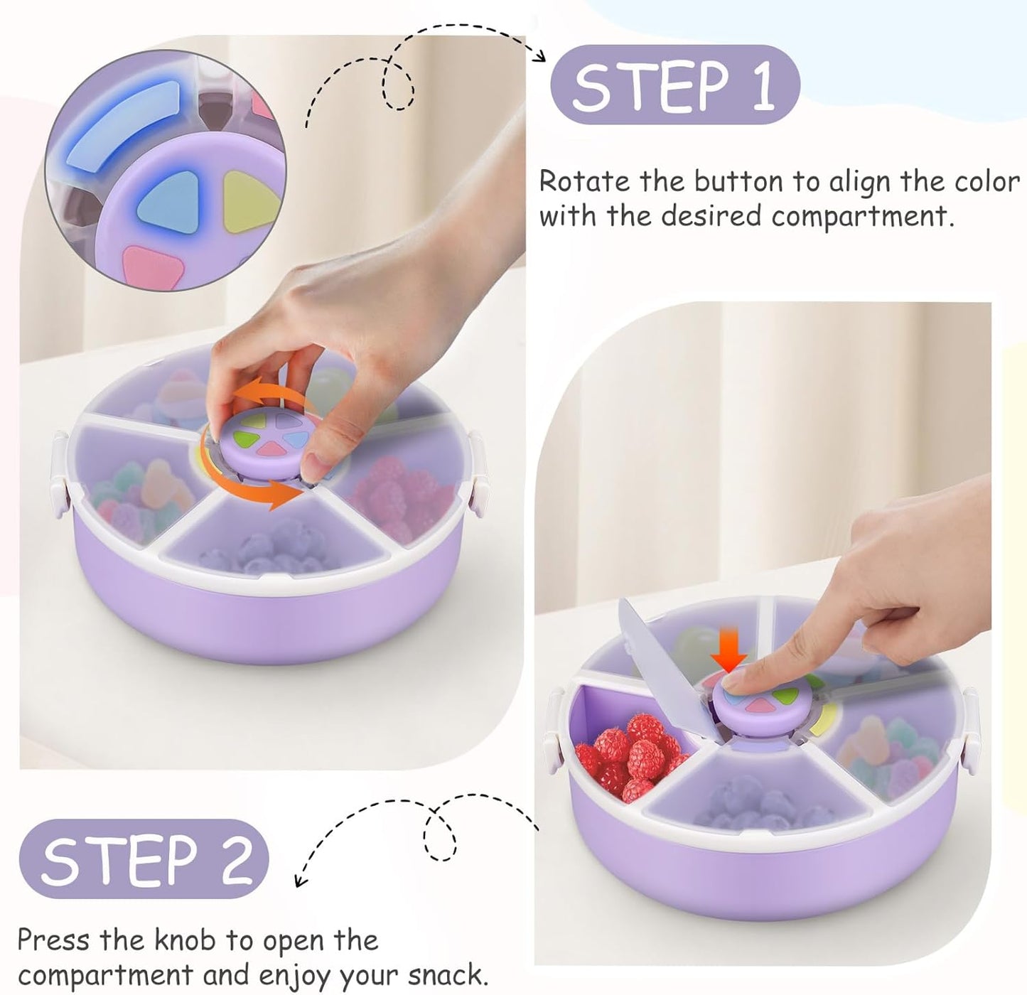 Snack Spinner Set for Kids – 2-Pack, Includes Rotating Snack Container & Classic Sectioned Snack Box, BPA-Free, Dishwasher Safe, Perfect for Travel, Purple