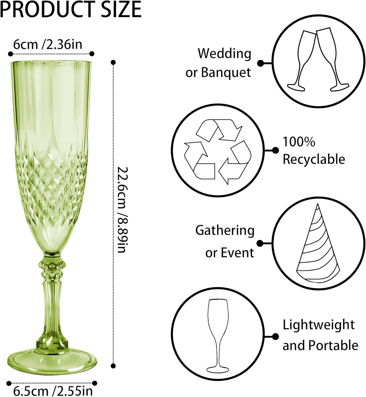 Plastic Champagne Flutes, 24PCS Green Plastic Wine Glasses Goblets Reusable Champagne Flute for Weddings, Bachelor Parties, Toasting, and Events(24, Green)