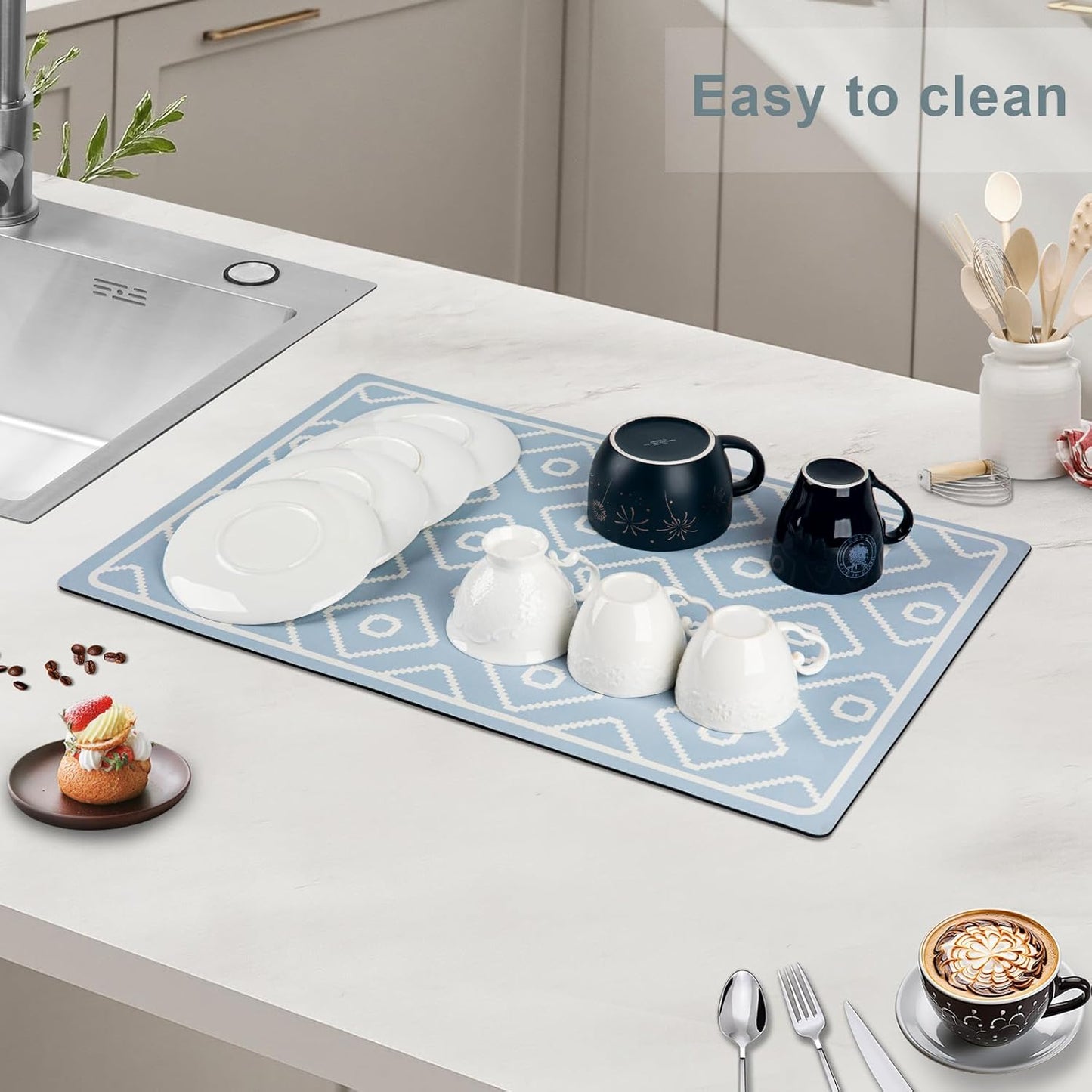 SUEH DESIGN Dish Drying Mat, Absorbent Coffee Mat 23.6 x 15.7 in Quick Dry Kitchen Drying Dish Drain Mat for Kitchen Counter Coffee Bar, Blue