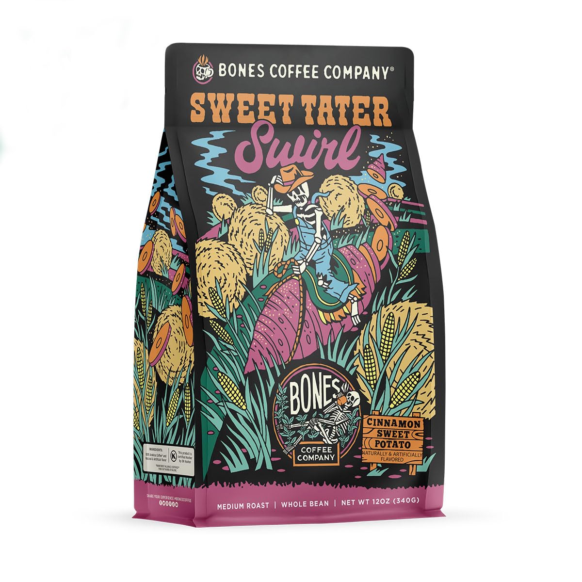 Bones Coffee Company Sweet Tater Swirl, Cinnamon Sweet Potato Flavored Coffee, Medium Roast Low Acid Arabica Beans Compatible with Auto drip and French Press Coffee Maker, 12 Oz Whole Bean