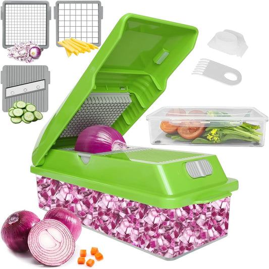 LHS Multifunctional Vegetables Chopper with Container, Manual Processor Cutter, Pro Onion Cutter, Vegetable Slicer Dicer Cutter with 3 Blades, Veggie Salp Chopper(6-in-1,Green)