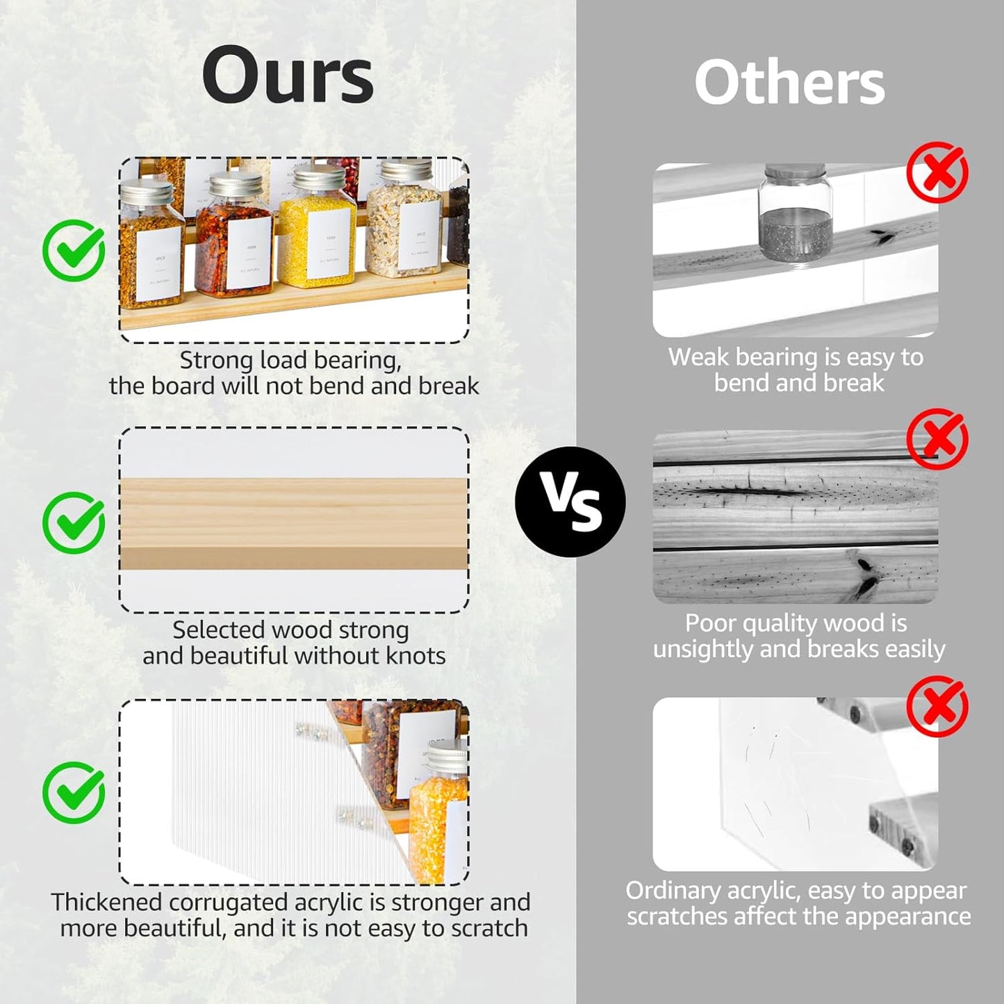 nianfeng Tiered Spice Rack, 4-Tier Spice Pantry Kitchen Cabinet Organizer, 16-Inch, Natural Wood Acrylic Stair Riser Stand, Countertop Seasoning Shelf