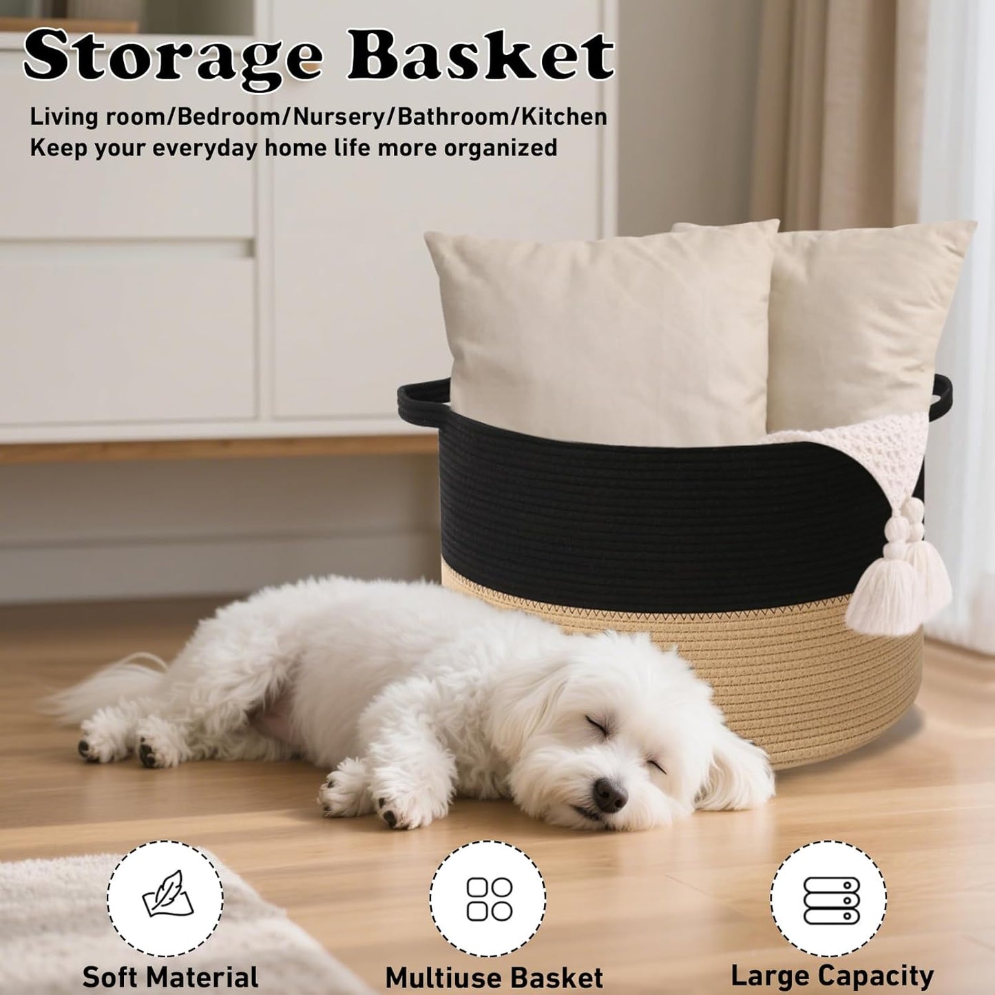 Large Blanket Basket for Organizing,115L Closet Organizers and Storage Bins Box for Shelves Woven Rope Storage Baskets,Living Room,Bedroom,Dorm,Laundry room (Black&Camel)