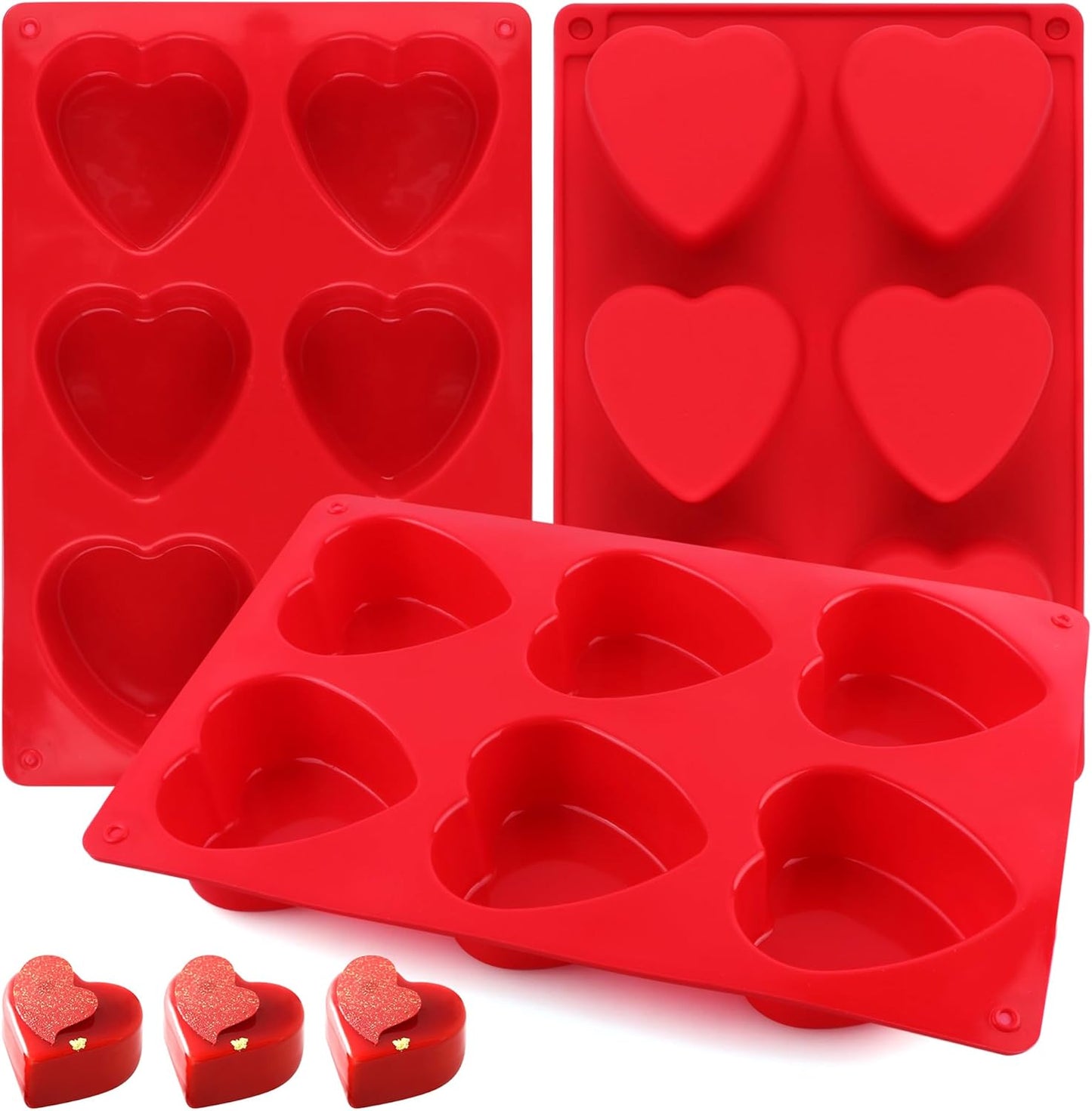 3-Pack 6-Cup Silicone Muffin Pans, Nonstick Cupcake Baking Molds, BPA/PFA-Free, Dishwasher & Oven Safe Heart-shaped Red