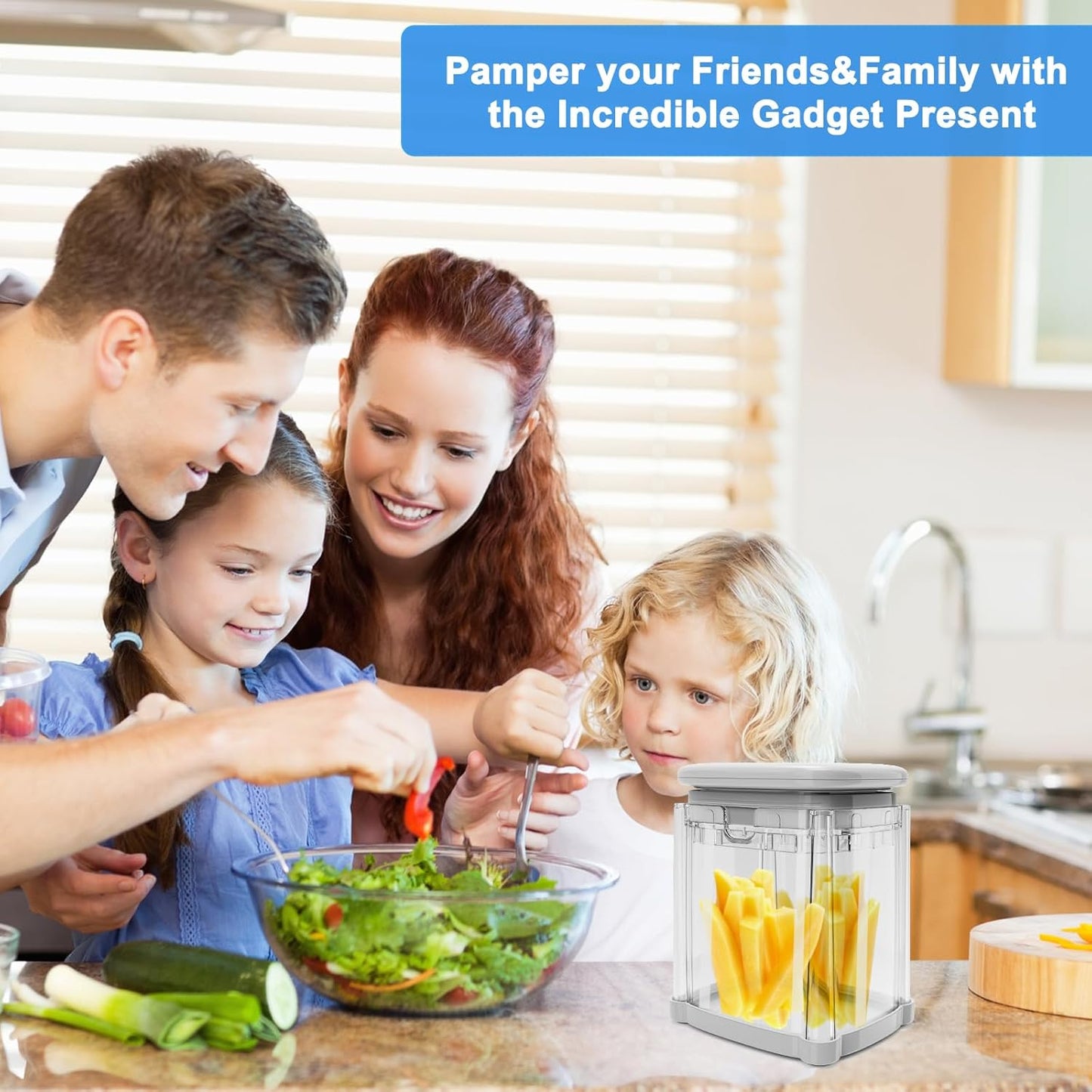 French Fry Cutter 4-in-1, Potato Cutter for Fries, Onion Dicer, Food Chopper & Apple Slicer – Manual Hand Vegetable Cutter with 4 Blades